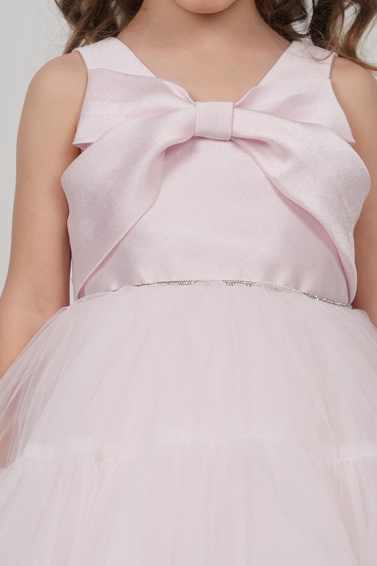 Monita Kız Çocuk Abiye Elbise Arkası Fiyonk Detaylı Bel Kısmı Taşlı Taçlı Pembe (1-5 Yaş)