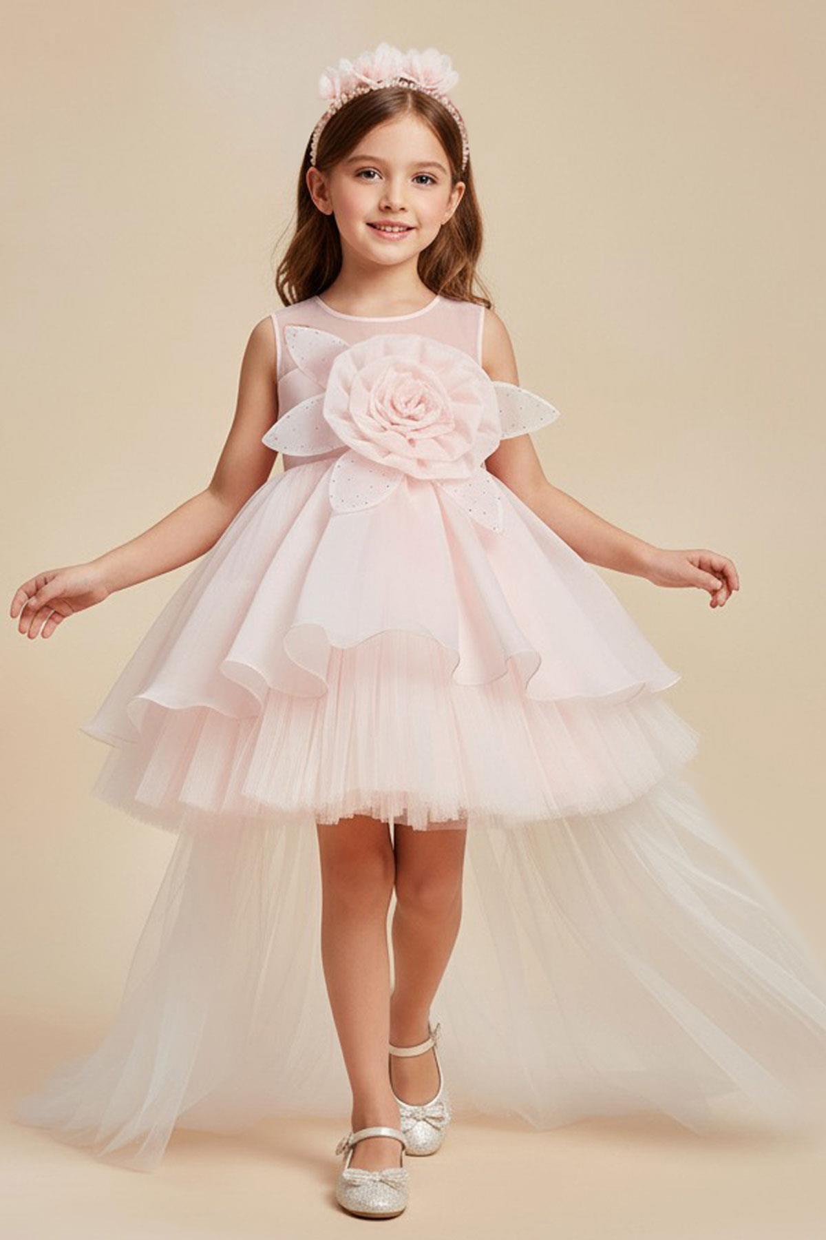 Monita Kız Çocuk Abiye Elbise Gül Aksesuarlı Fiyonklu Taçlı Pembe (4-8 Yaş)