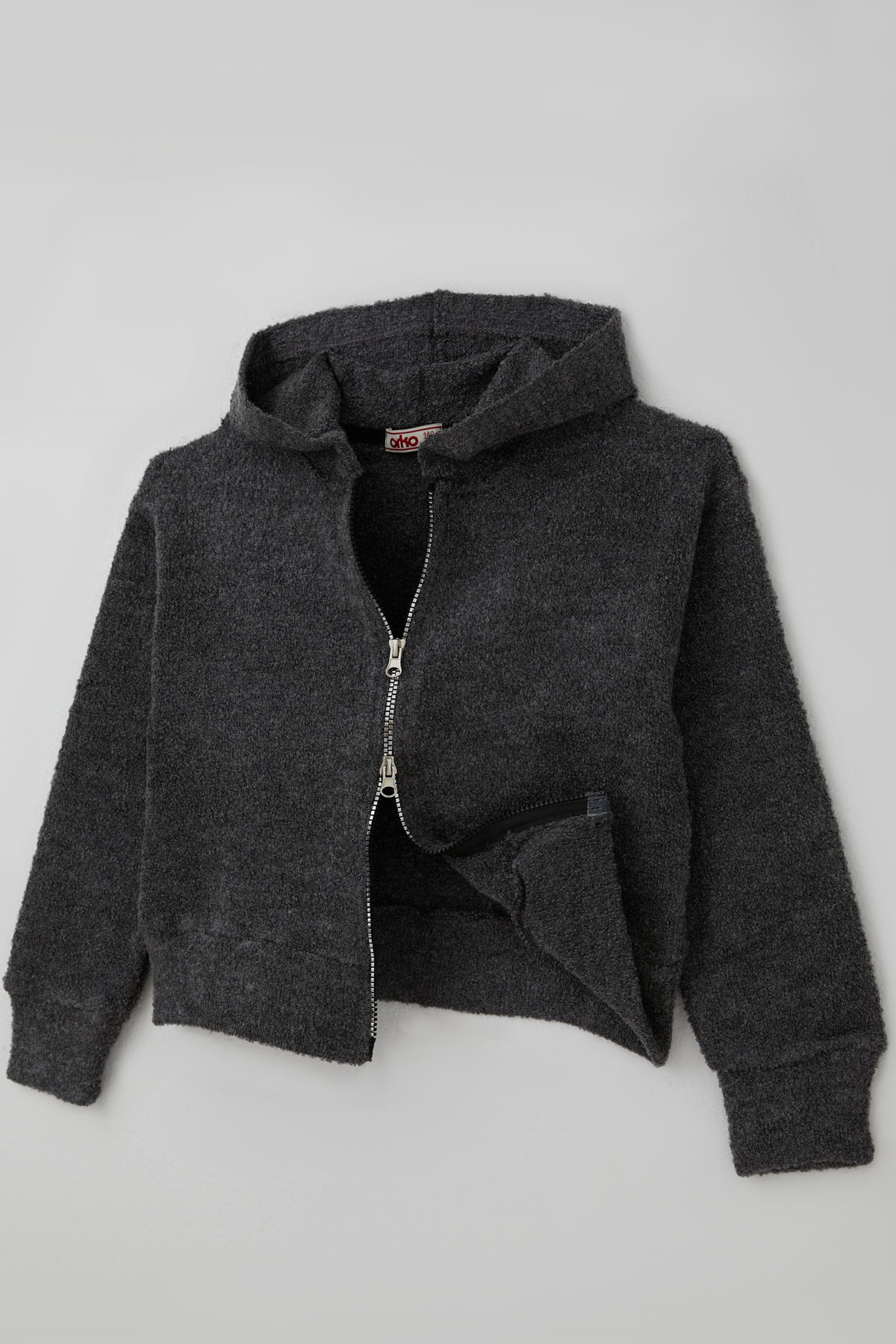 Orko Kız Çocuk Peluş Crop Hırka Kapüşonlu Fermuarlı Füme Melanj (10-16 Yaş)