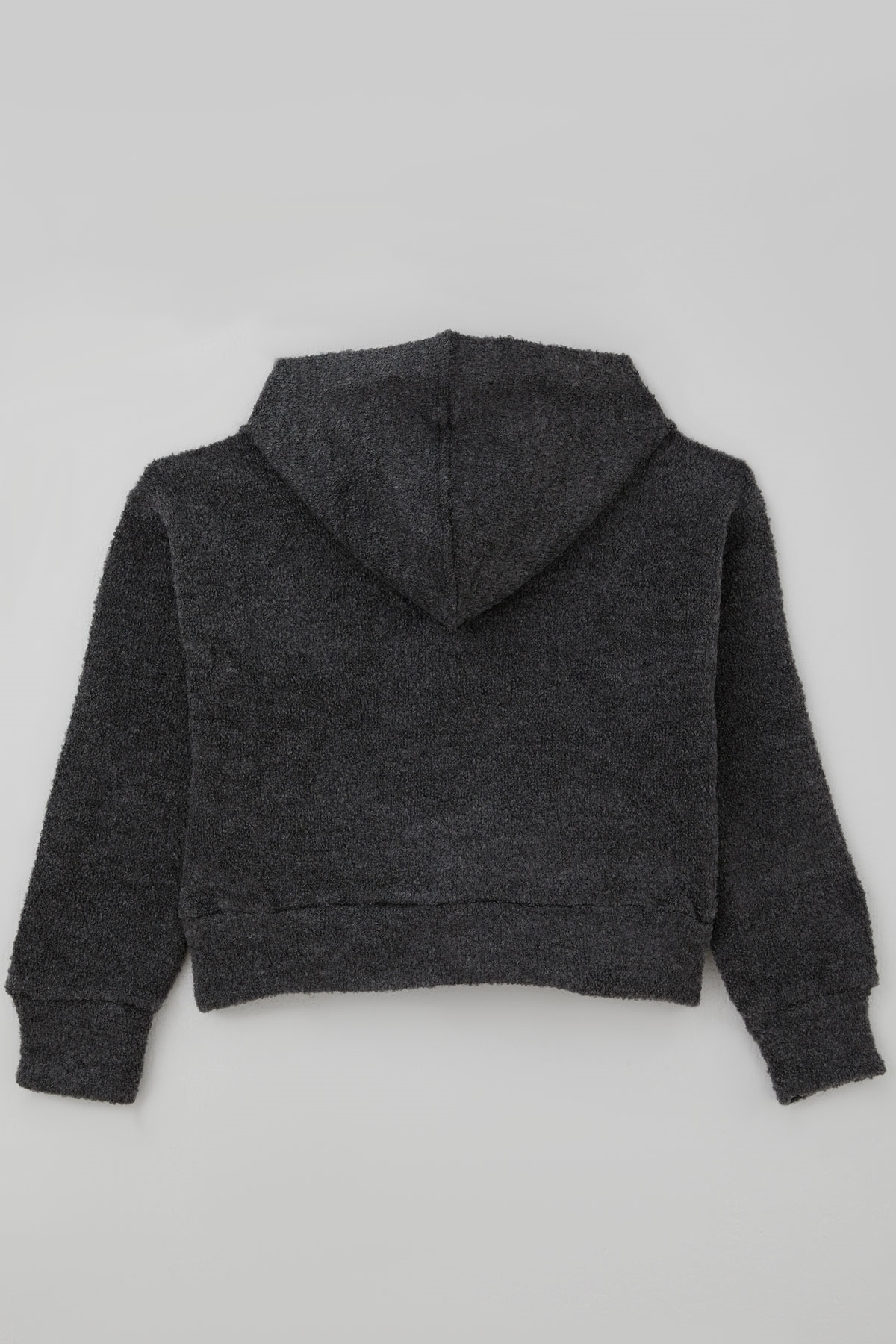 Orko Kız Çocuk Peluş Crop Hırka Kapüşonlu Fermuarlı Füme Melanj (10-16 Yaş)