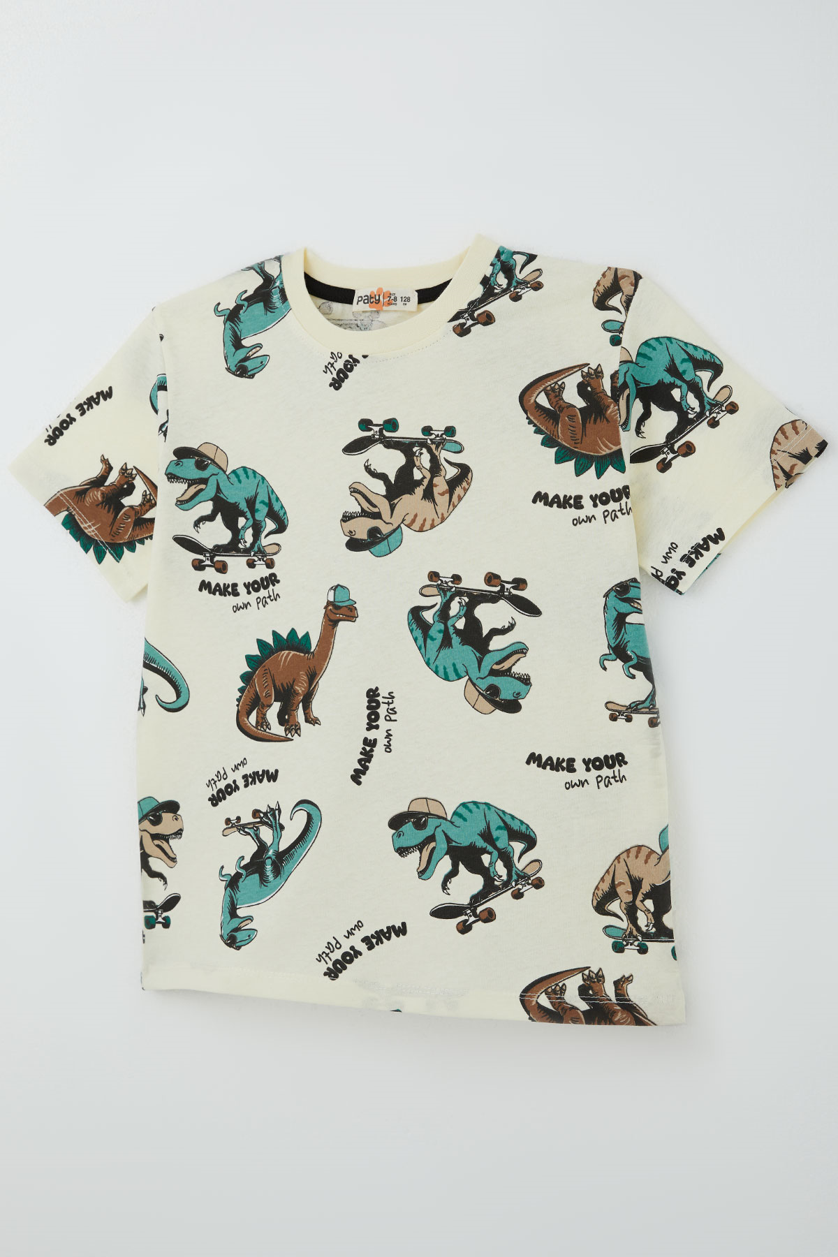 Paty Kıds Erkek Çocuk Pijama Takımı Kısa Kollu Motivasyon Temalı Kaykaycı Dinozor Desenli Krem (8-12 Yaş)