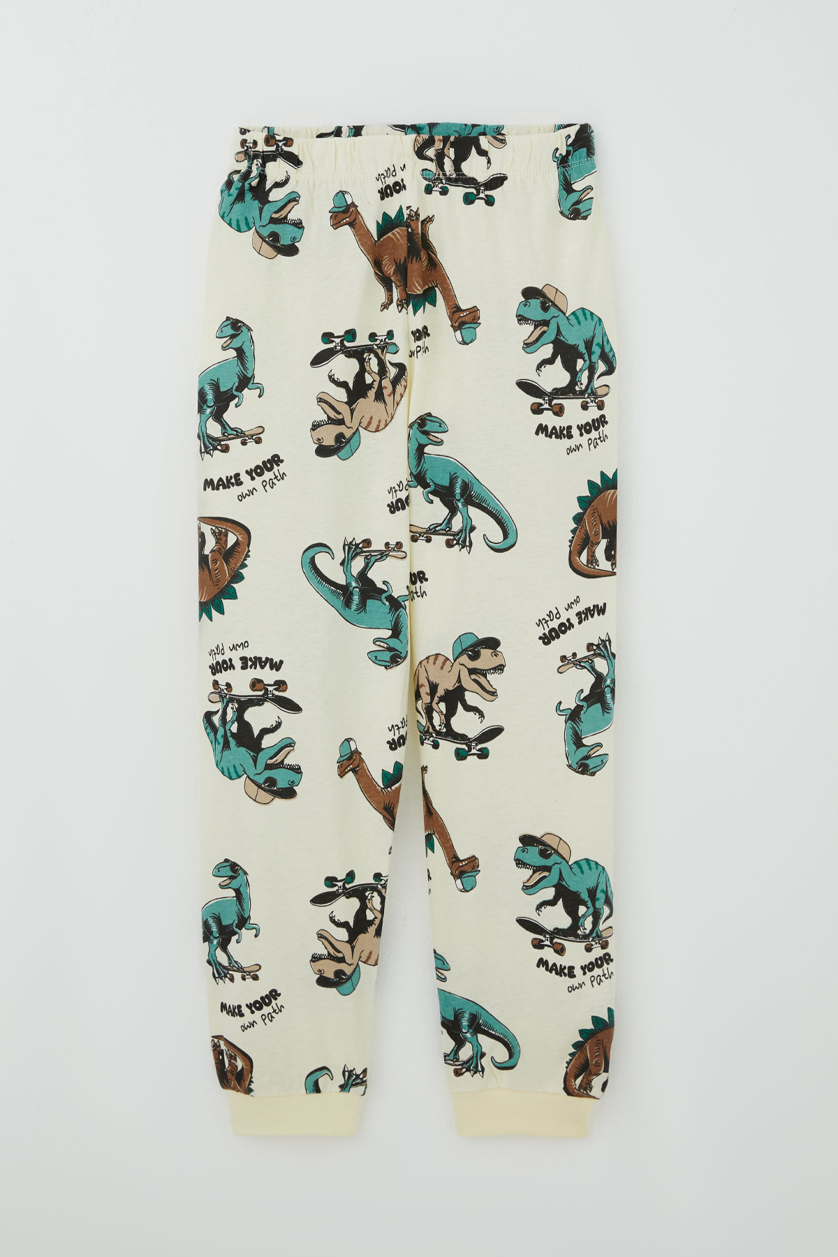 Paty Kıds Erkek Çocuk Pijama Takımı Kısa Kollu Motivasyon Temalı Kaykaycı Dinozor Desenli Krem (8-12 Yaş)
