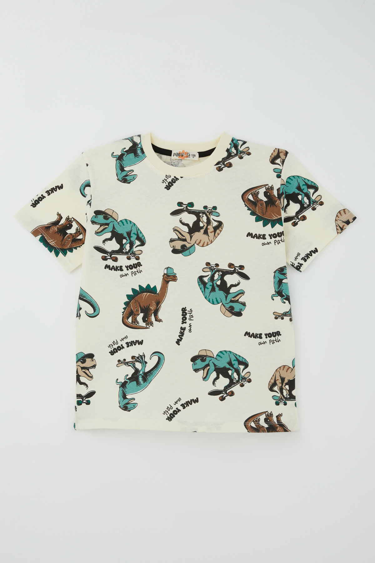 Paty Kıds Erkek Çocuk Pijama Takımı Kısa Kollu Motivasyon Temalı Kaykaycı Dinozor Desenli Krem (8-12 Yaş)