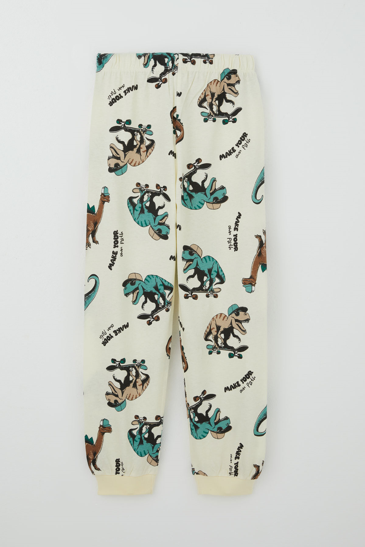 Paty Kıds Erkek Çocuk Pijama Takımı Kısa Kollu Motivasyon Temalı Kaykaycı Dinozor Desenli Krem (8-12 Yaş)