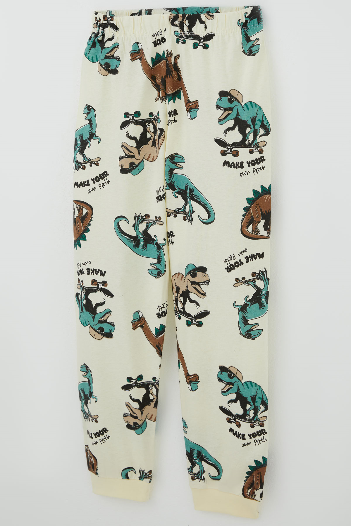 Paty Kıds Erkek Çocuk Pijama Takımı Kısa Kollu Motivasyon Temalı Kaykaycı Dinozor Desenli Krem (8-12 Yaş)