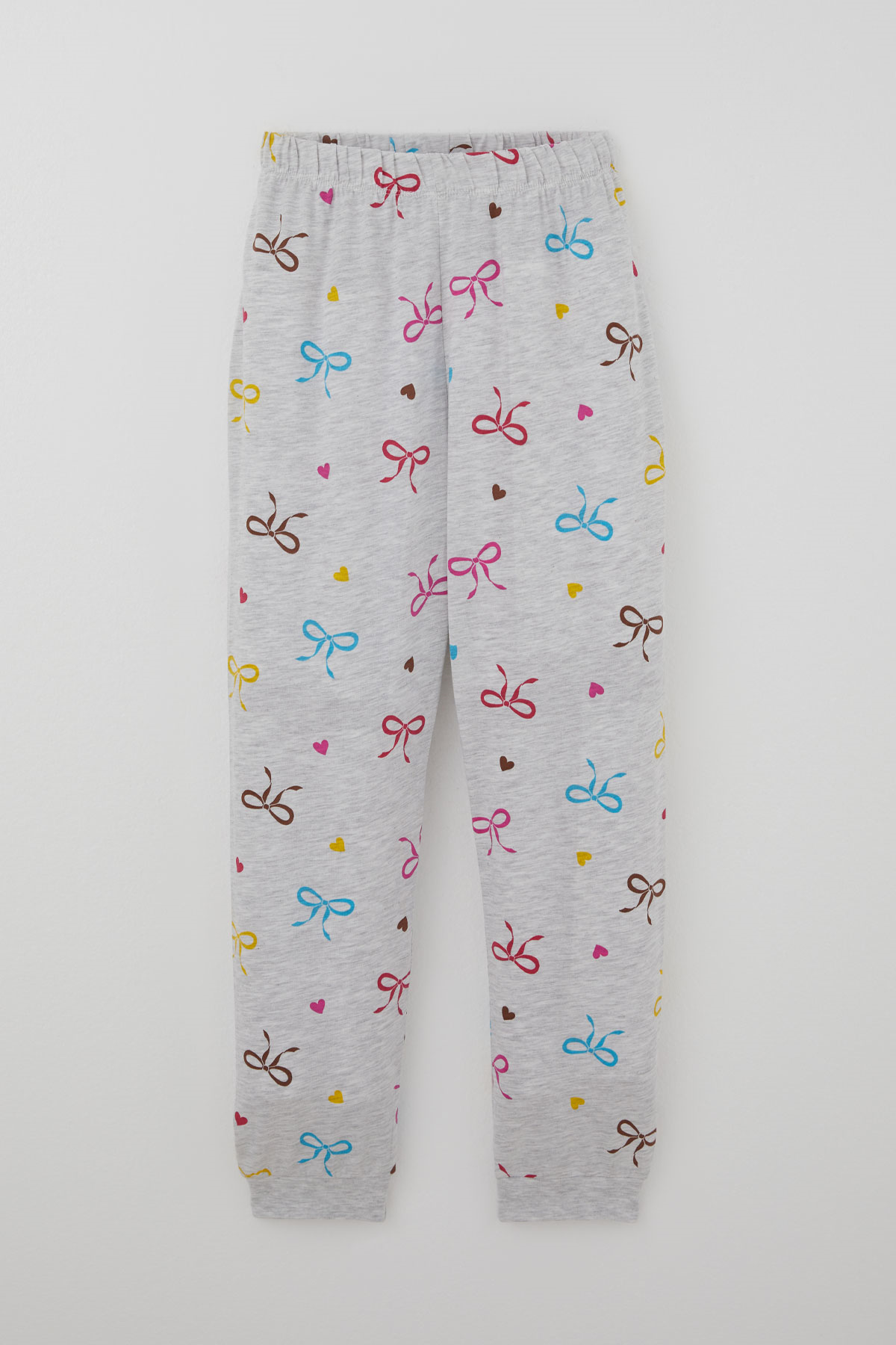Paty Kıds Kız Çocuk Pijama Takımı Kısa Kollu Renkli Fiyonklu & Kalp Desenli Açık Gri Melanj (8-12 Yaş)