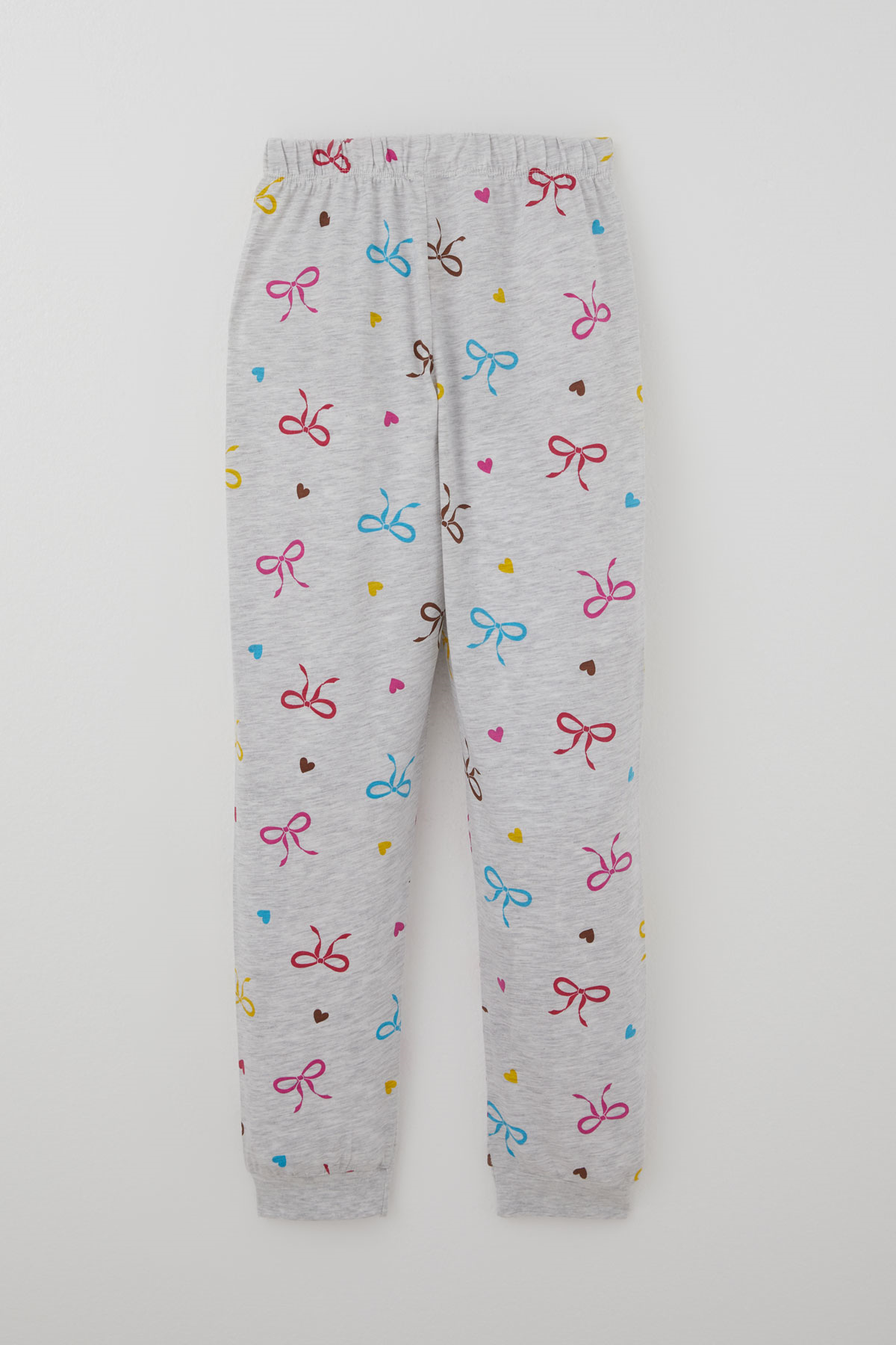 Paty Kıds Kız Çocuk Pijama Takımı Kısa Kollu Renkli Fiyonklu & Kalp Desenli Açık Gri Melanj (8-12 Yaş)