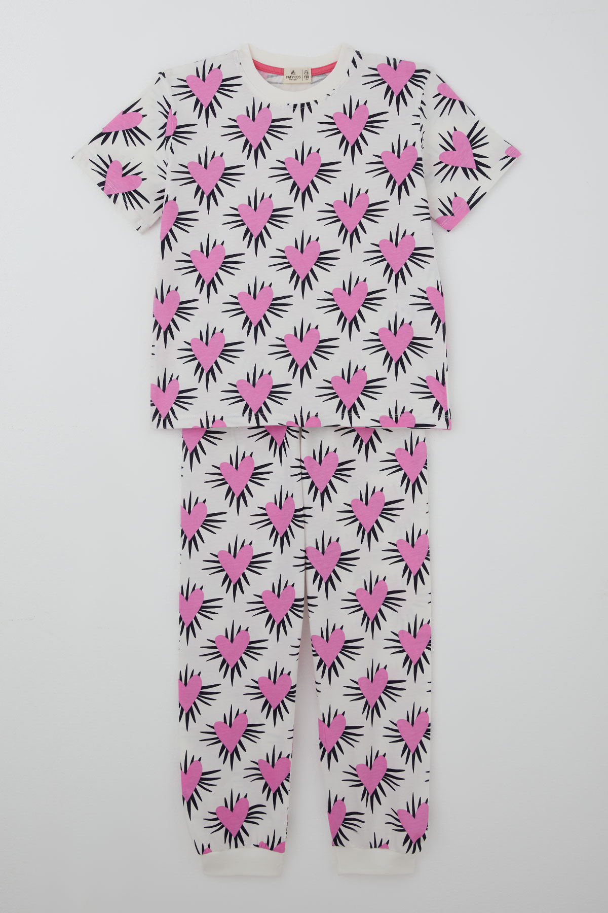 Paty Kıds Kız Çocuk Pijama Takımı Kısa Kollu Kalp Desenli Ekru (8-12 Yaş)