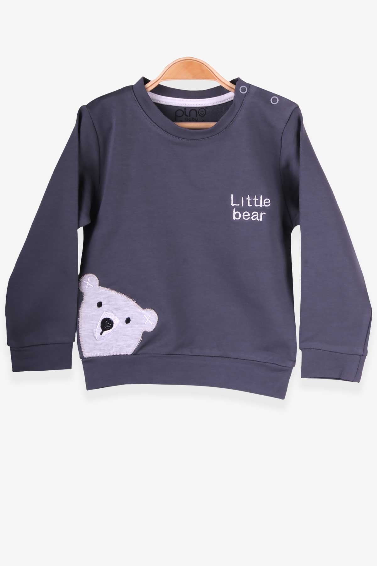 Pino Erkek Bebek Sweatshirt Ayıcık Nakışlı Füme (4 Ay-1.5 Yaş)