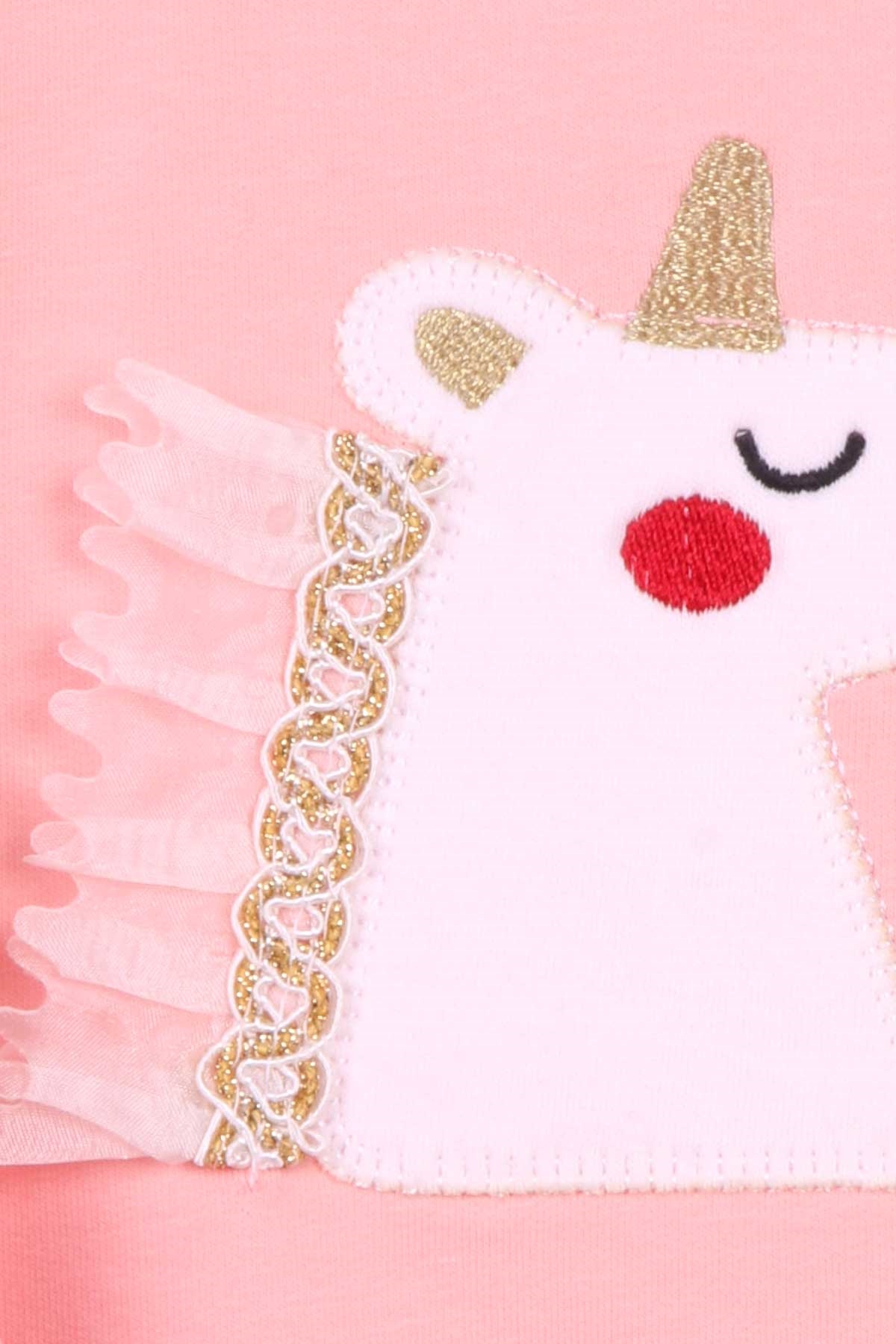 Pino Kız Bebek Sweatshirt Simli Nakışlı Unicorn Somon (4 Ay-1.5 Yaş)