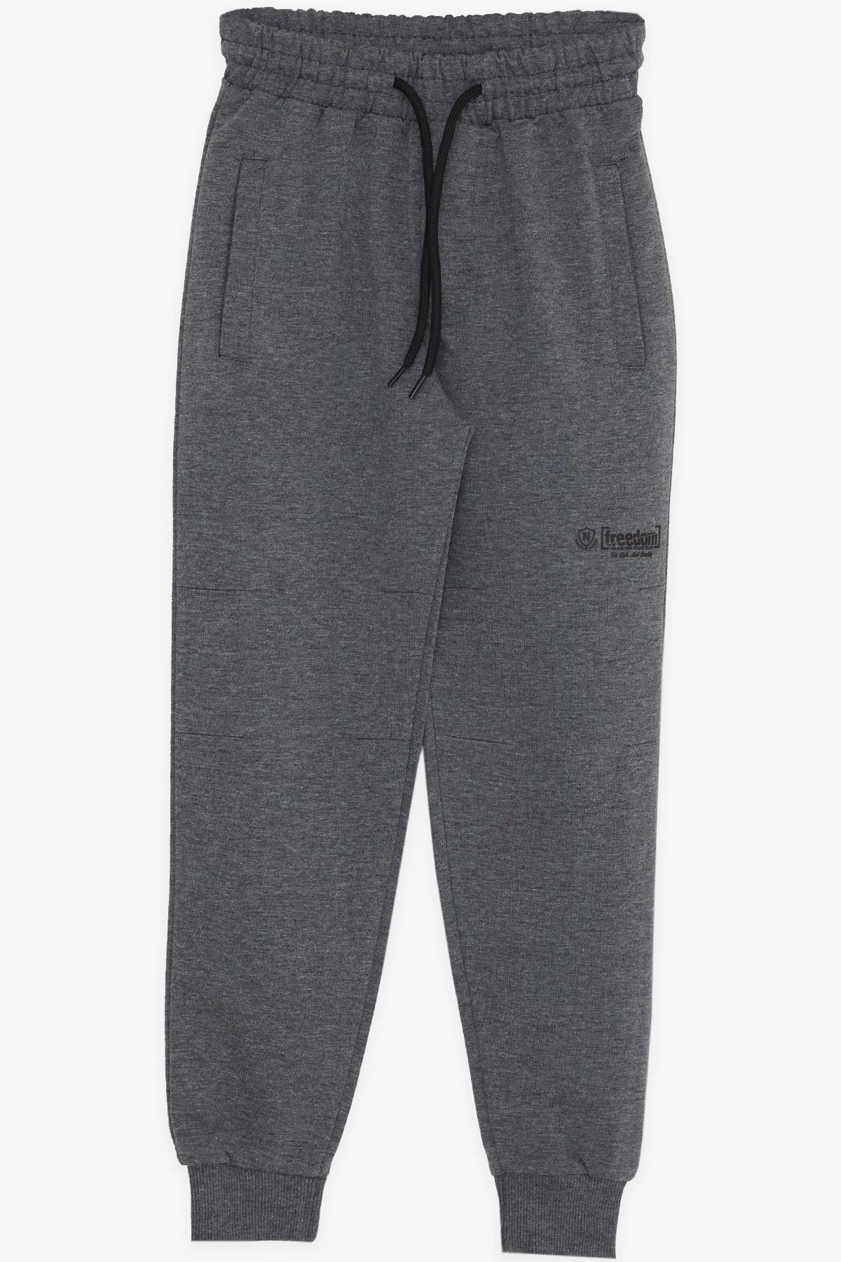 Poyraz Kids Erkek Çocuk Eşofman Altı Bağcıklı Yazı Baskılı Koyu Gri Melanj (4-11 Yaş)