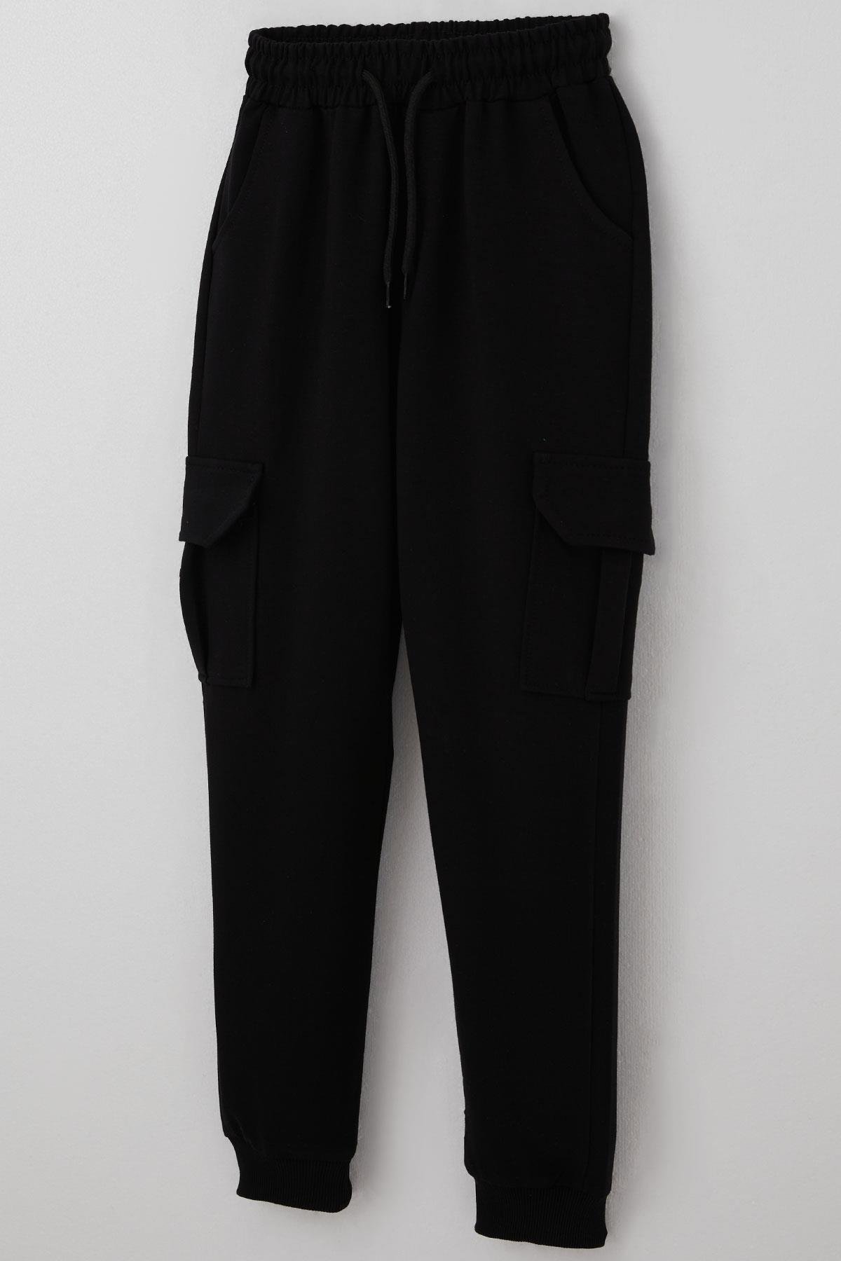 Poyraz Kids Erkek Çocuk Eşofman Altı Komando Cepli Bağcıklı Beli Lastikli Siyah (9-12 Yaş)