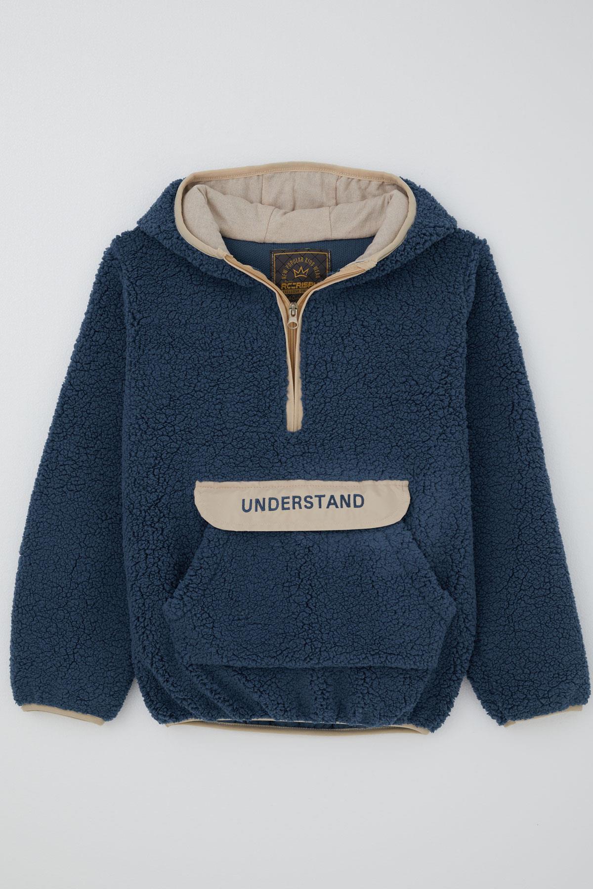Reycan Erkek Çocuk Peluş Sweatshirt Kapüşonlu Kanguru Cepli İndigo (5-8 Yaş)