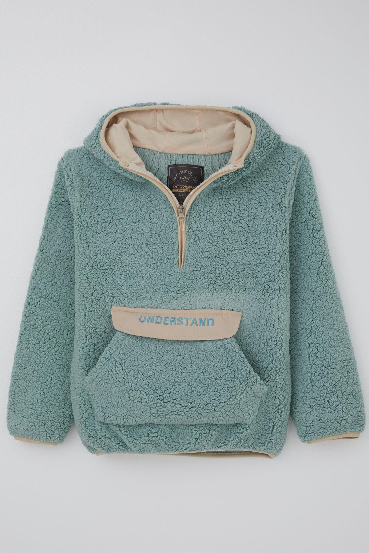 Reycan Erkek Çocuk Peluş Sweatshirt Kapüşonlu Kanguru Cepli Su Yeşili (5-8 Yaş)