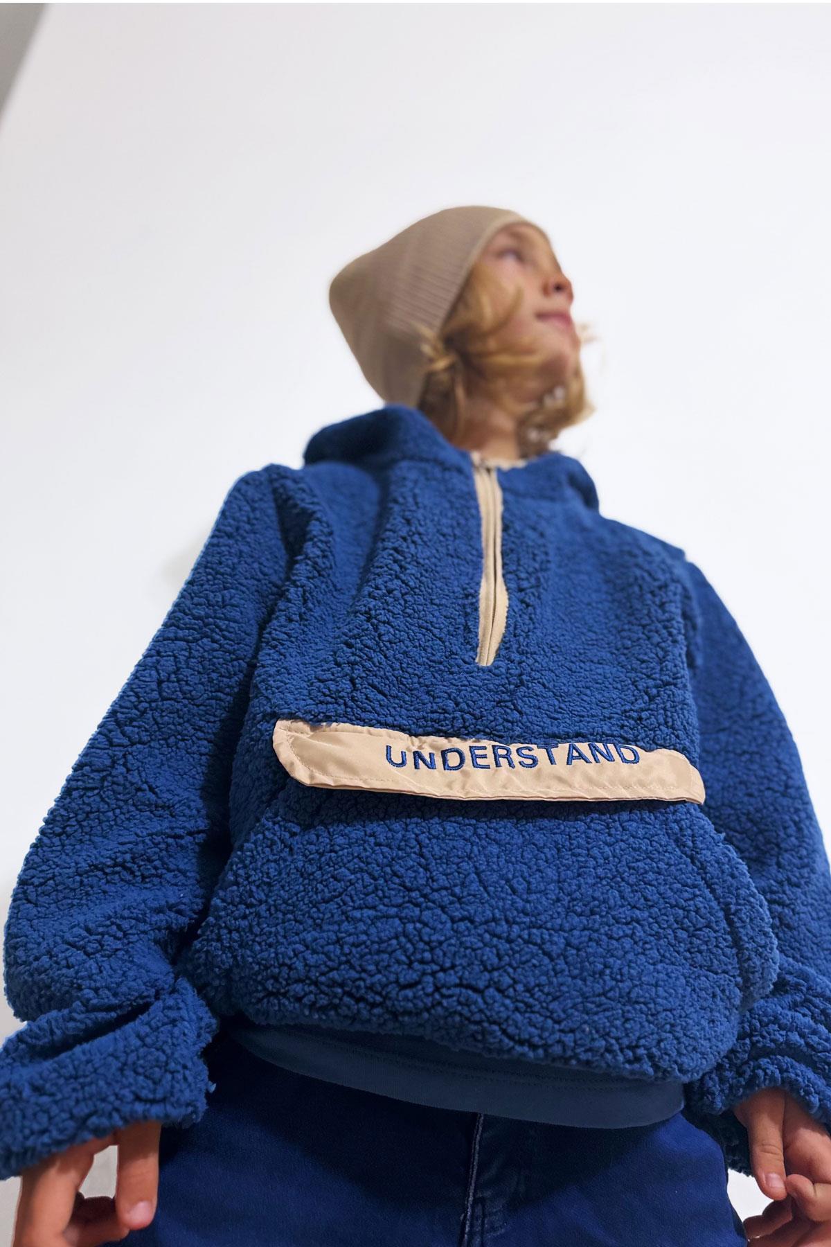 Reycan Erkek Çocuk Peluş Sweatshirt Kapüşonlu Kanguru Cepli İndigo (5-8 Yaş)