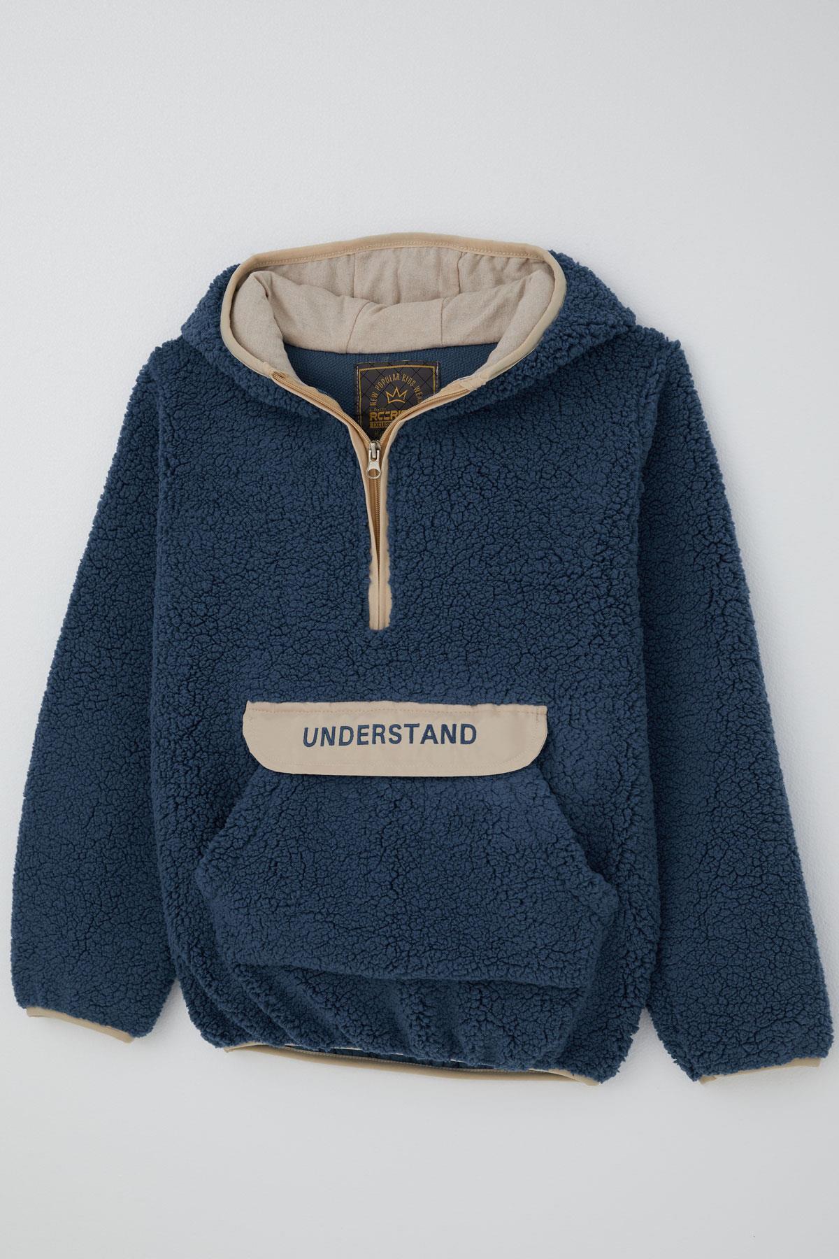 Reycan Erkek Çocuk Peluş Sweatshirt Kapüşonlu Kanguru Cepli İndigo (5-8 Yaş)