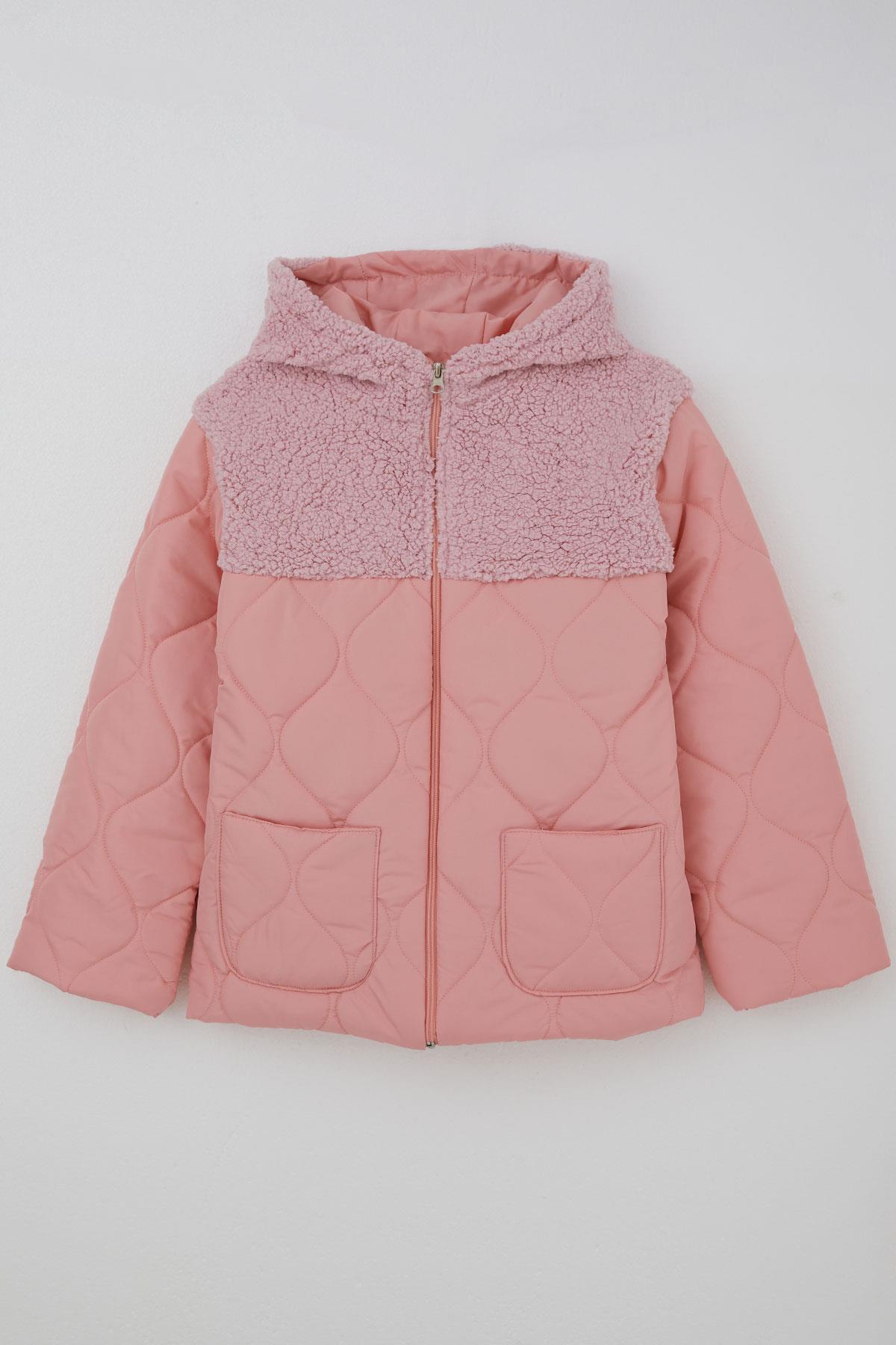 Reycan Kız Çocuk Kapitone Mont Fermuarlı Peluş Detaylı Somon (5-8 Yaş)