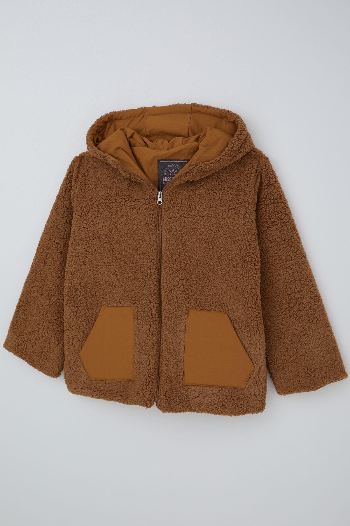 Reycan Kız Çocuk Peluş Mont Kapüşonlu Fermuarlı Kahverengi (5-8 Yaş)