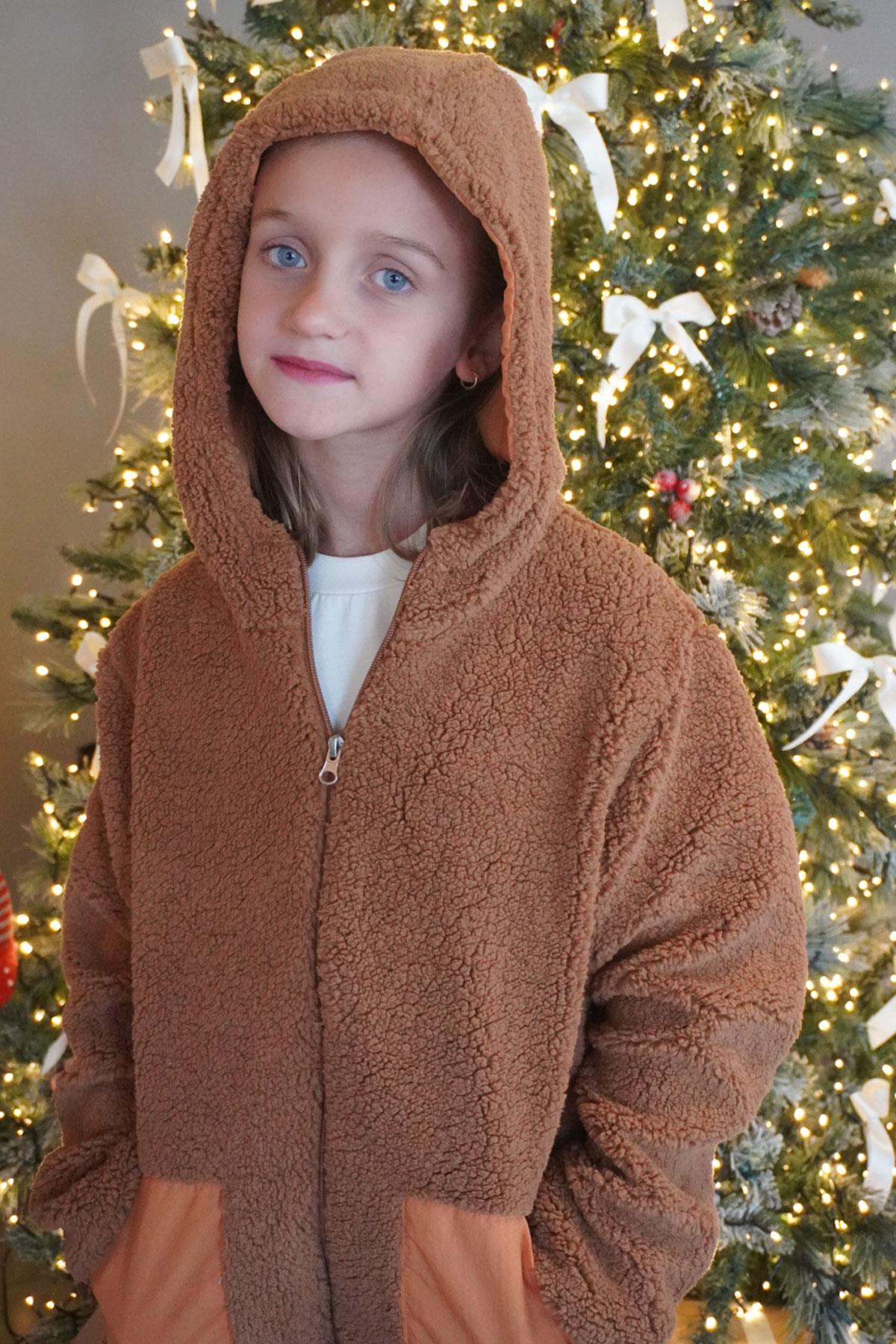 Reycan Kız Çocuk Peluş Mont Kapüşonlu Fermuarlı Kahverengi (5-8 Yaş)