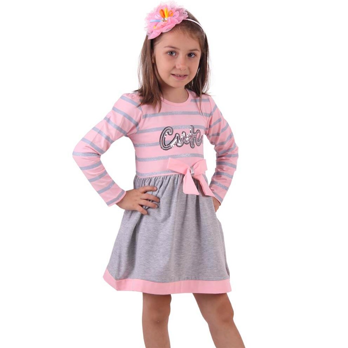 Simli Fiyonklu Elbise Pembe-Gri (2-6 Yaş) BREEZE