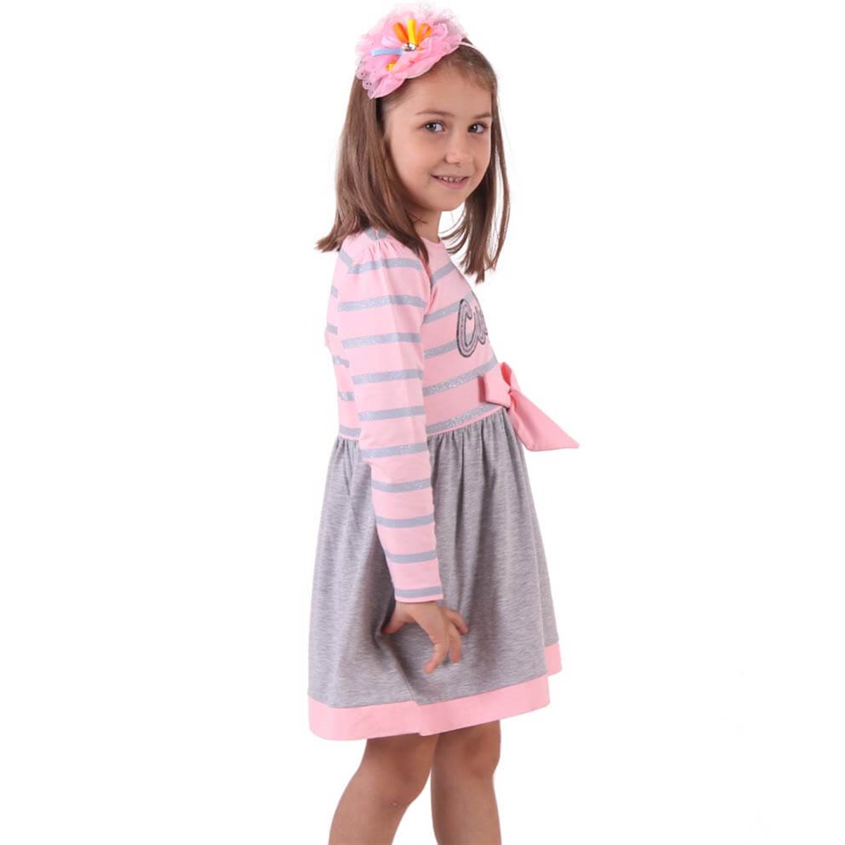 Simli Fiyonklu Elbise Pembe-Gri (2-6 Yaş) BREEZE