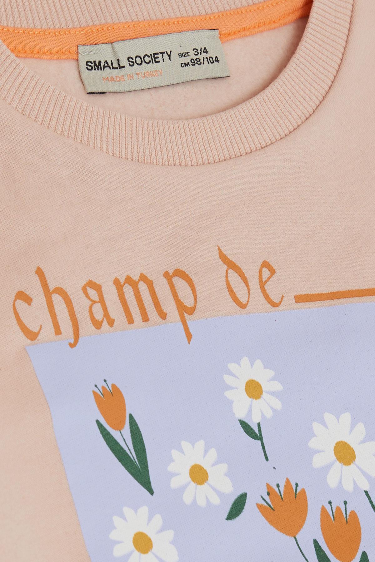 Small Society  Kız Çocuk Sweatshirt Papatya & Lale Çiçek Baskılı Pudra (2-10 Yaş)