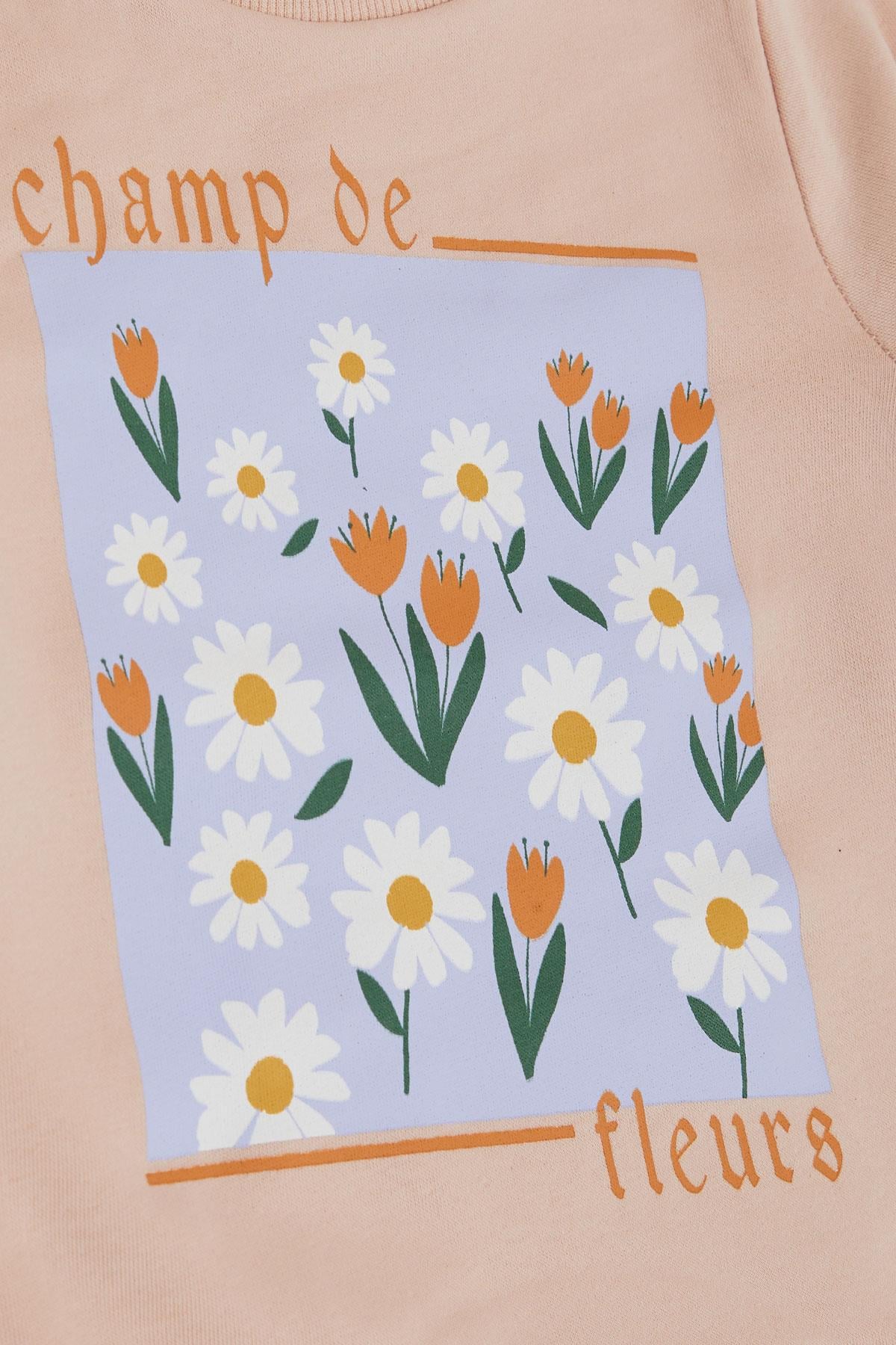 Small Society  Kız Çocuk Sweatshirt Papatya & Lale Çiçek Baskılı Pudra (2-10 Yaş)