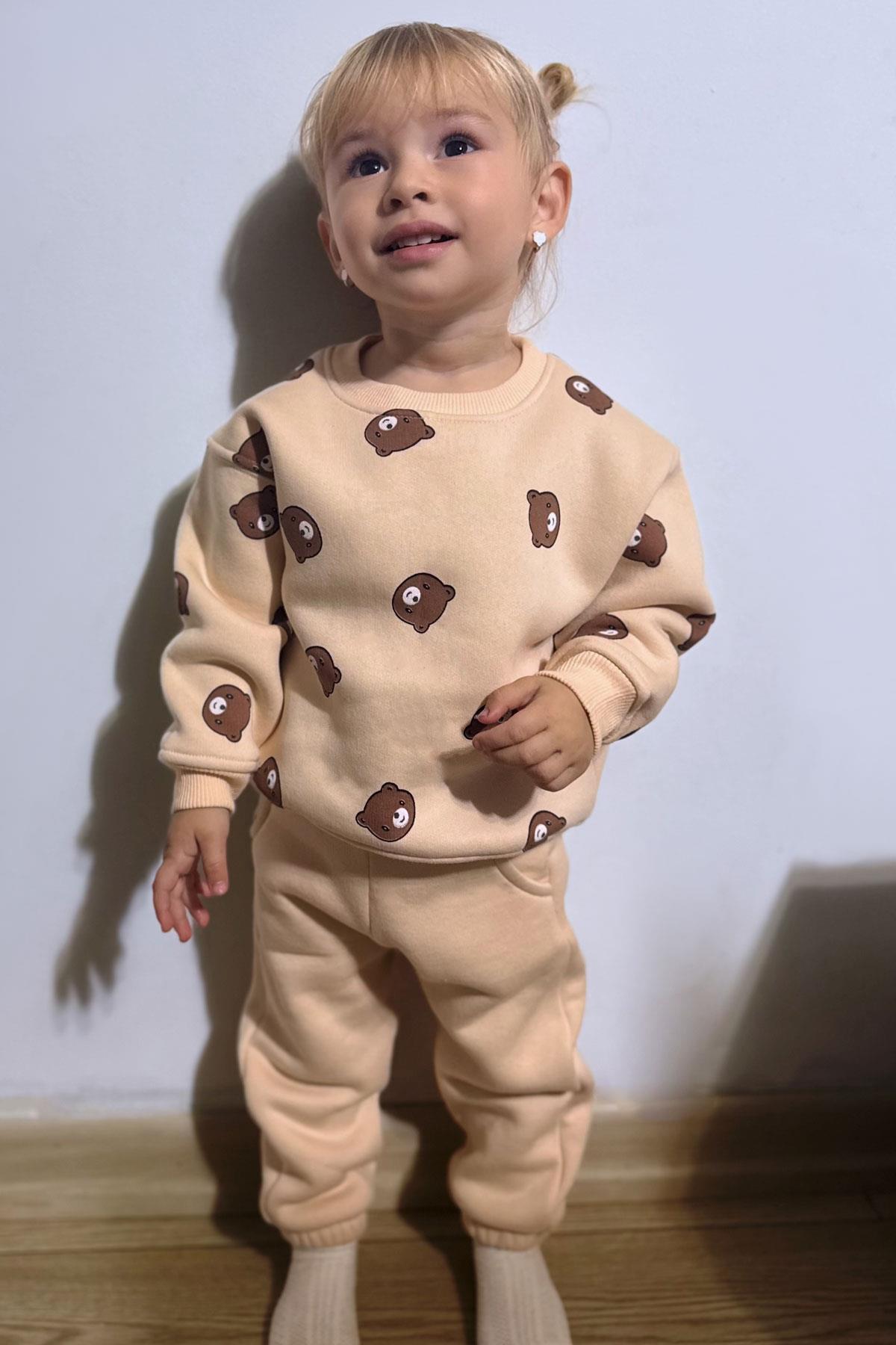 Valorya Kız Çocuk Eşofman Takımı Sevimli Ayıcıklar Desenli Krem (2-5 Yaş)