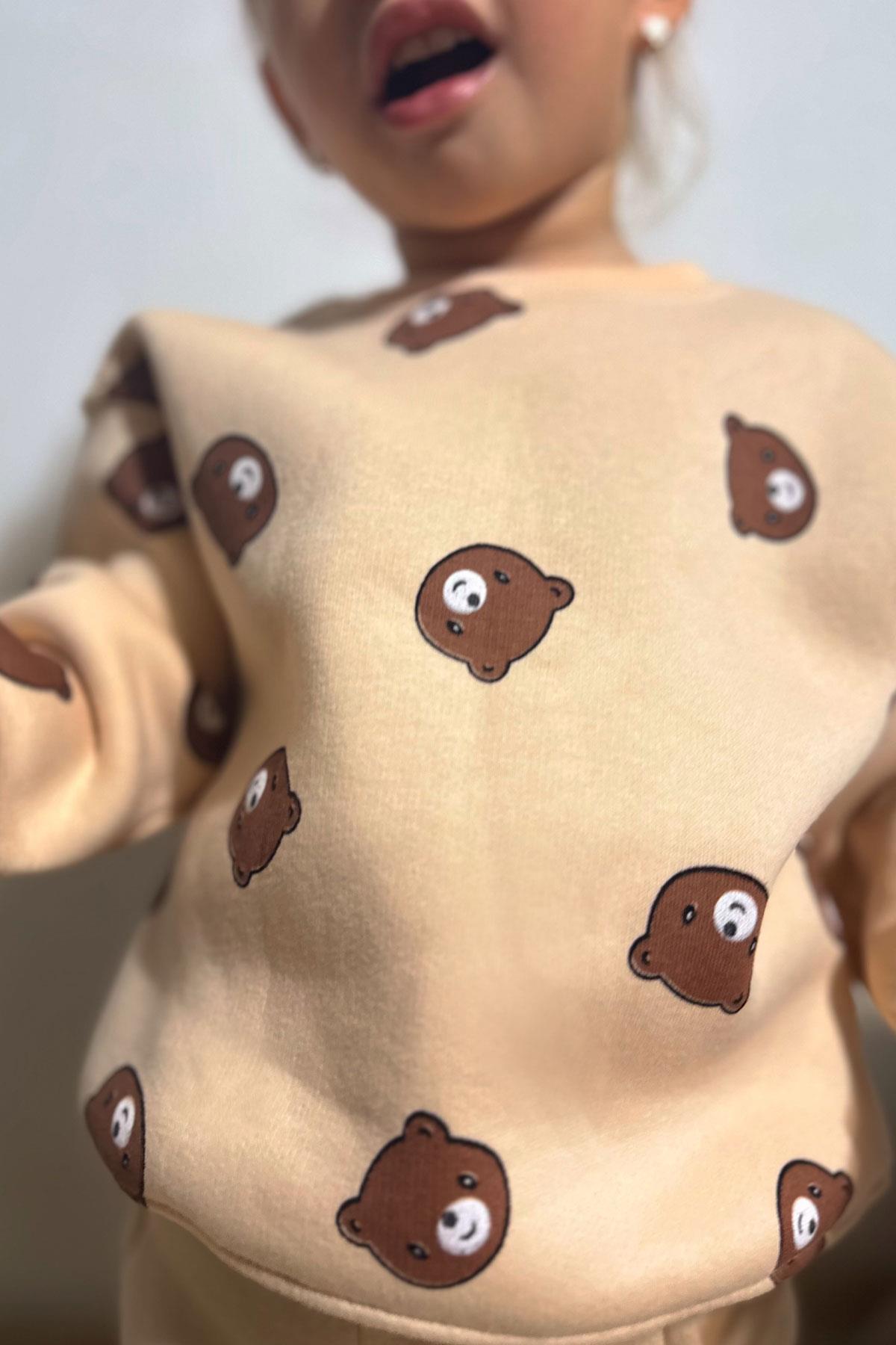 Valorya Kız Çocuk Eşofman Takımı Sevimli Ayıcıklar Desenli Krem (2-5 Yaş)