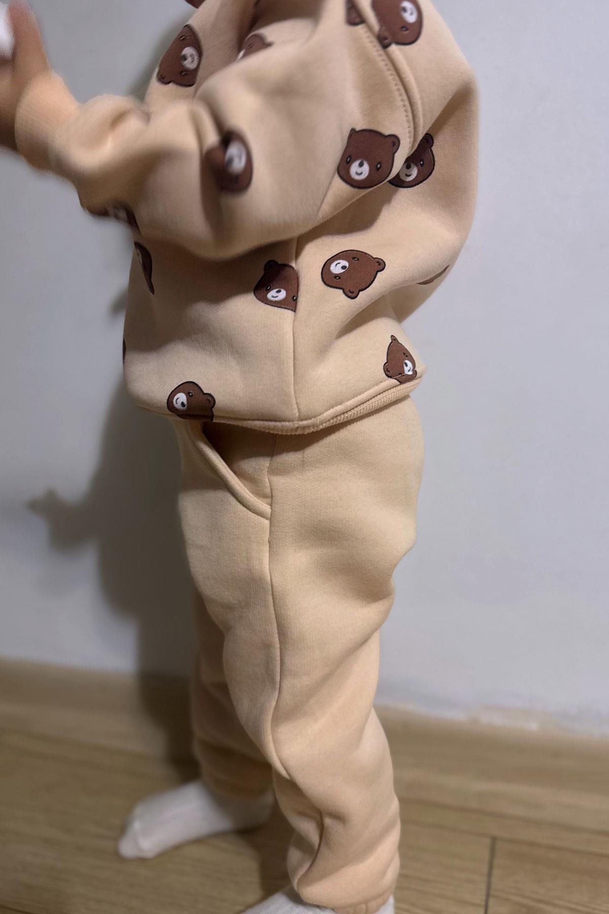 Valorya Kız Çocuk Eşofman Takımı Sevimli Ayıcıklar Desenli Krem (2-5 Yaş)