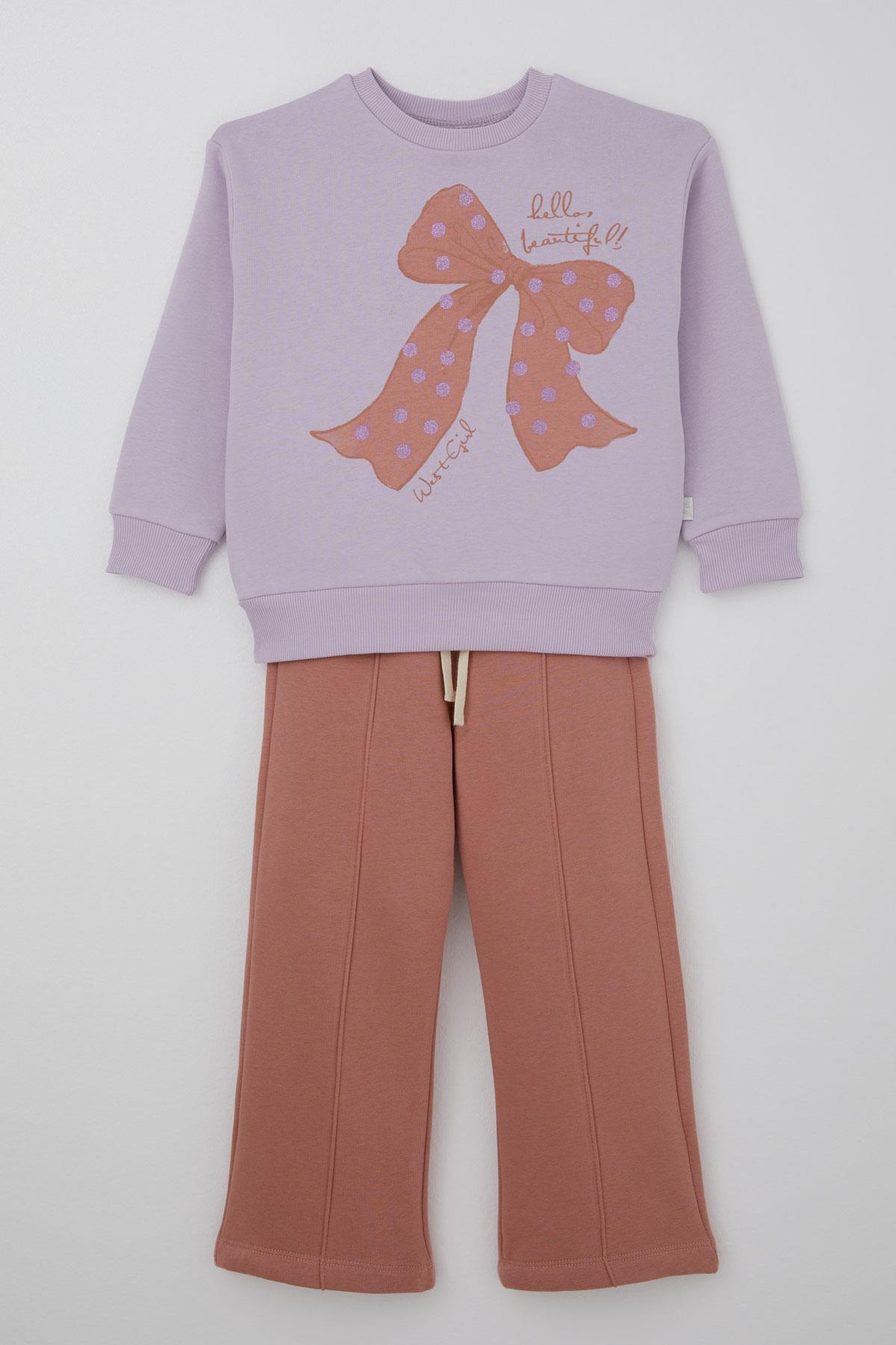 West Kız Çocuk Eşofman Takımı Simli Fiyonk Baskılı Lila (4-7 Yaş)