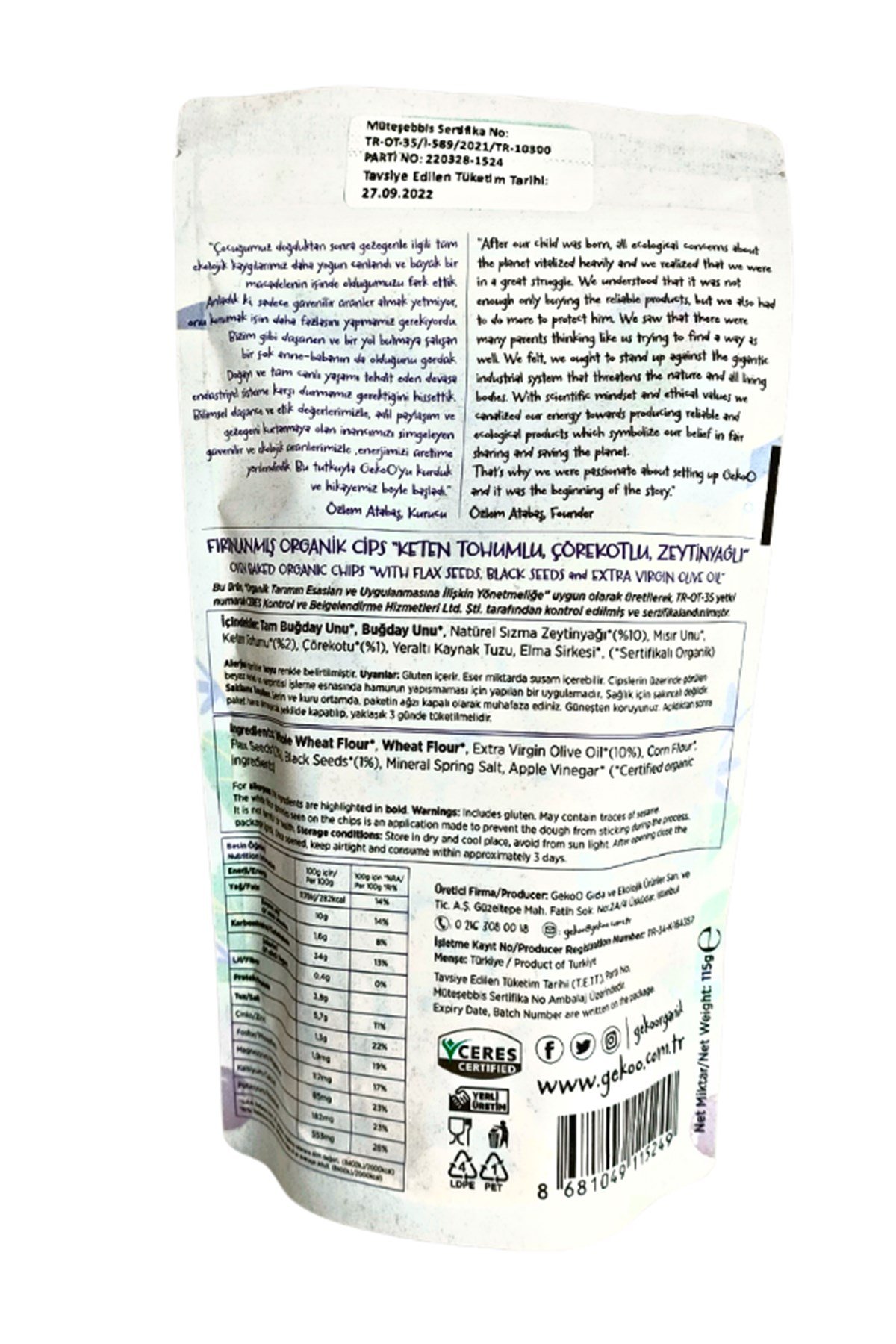 GEKOO ORGANİK FIRINLANMIŞ BAHARATLI CİPS KETEN TOHUMU-ÇÖREKOTU-ZEYTİNYAĞLI 115g