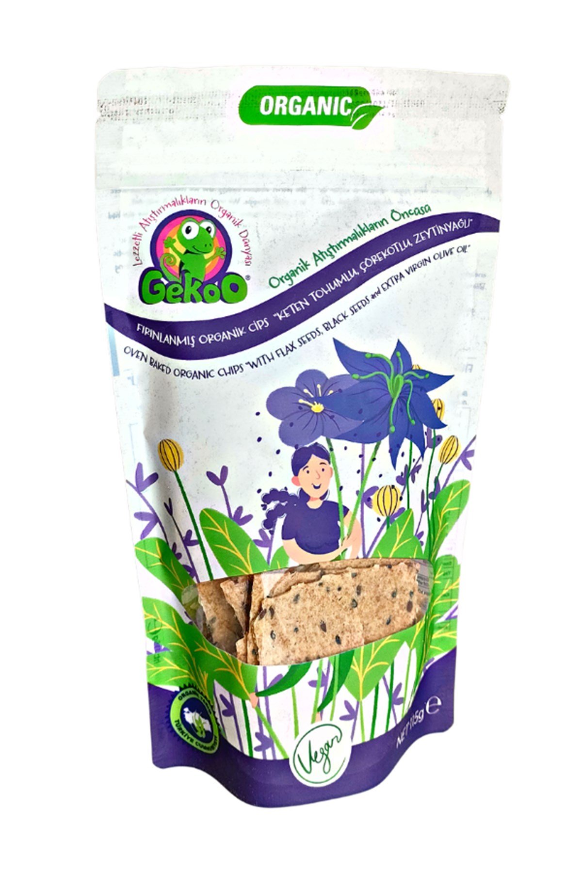 GEKOO ORGANİK FIRINLANMIŞ BAHARATLI CİPS KETEN TOHUMU-ÇÖREKOTU-ZEYTİNYAĞLI 115g