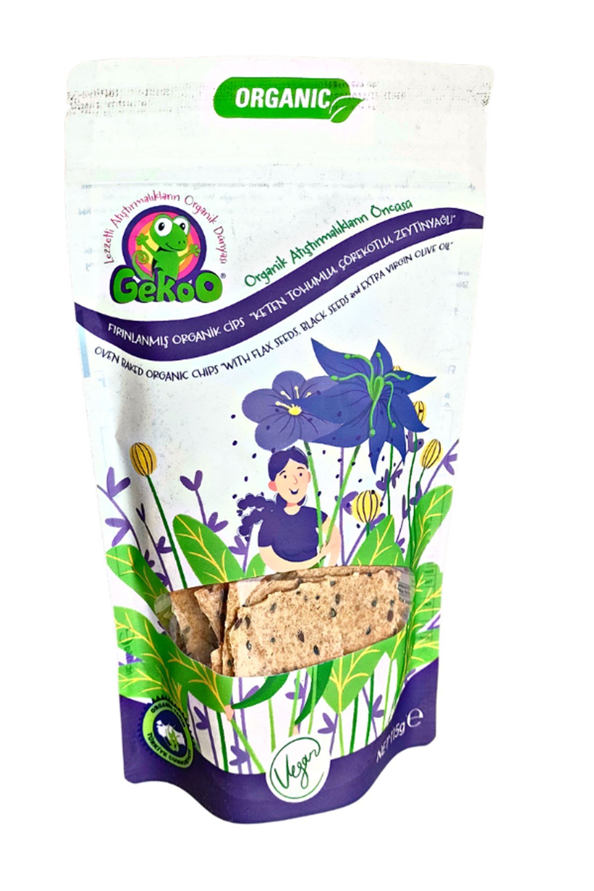 GEKOO ORGANİK FIRINLANMIŞ BAHARATLI CİPS KETEN TOHUMU-ÇÖREKOTU-ZEYTİNYAĞLI 115g