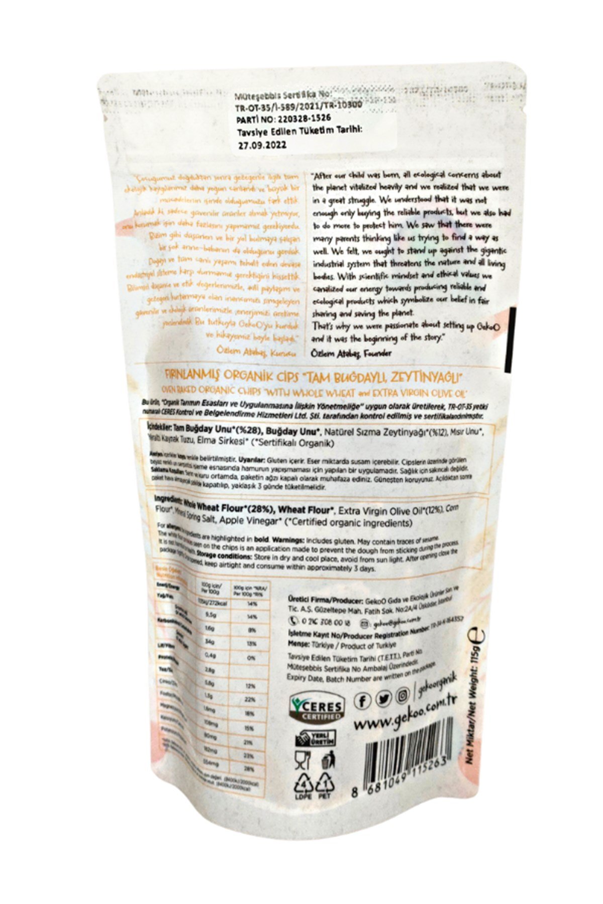 GEKOO ORGANİK FIRINLANMIŞ SADE CİPS TAM BUĞDAY-ZEYTİNYAĞLI 115g