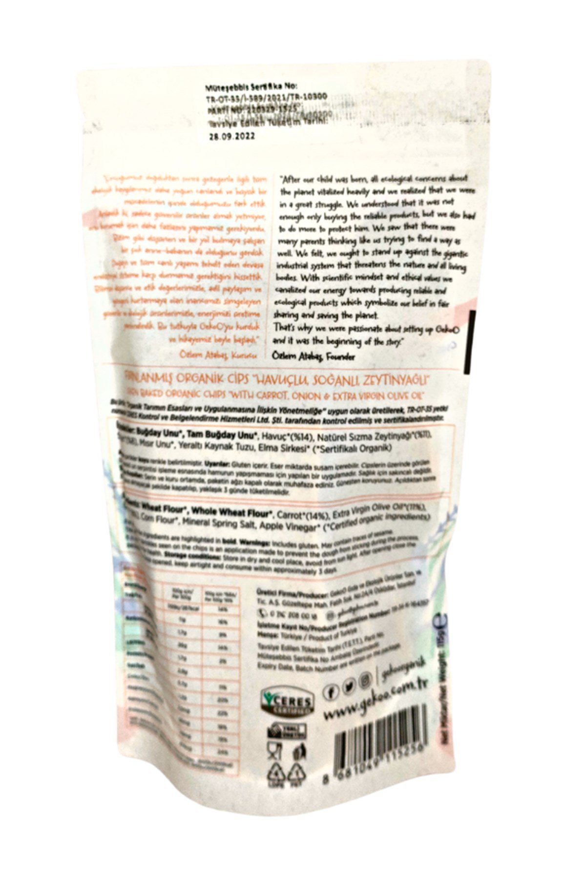 GEKOO ORGANİK SEBZELİ FIRINLANMIŞ CİPS HAVUÇ-SOĞAN-ZEYTİNYAĞLI 115g
