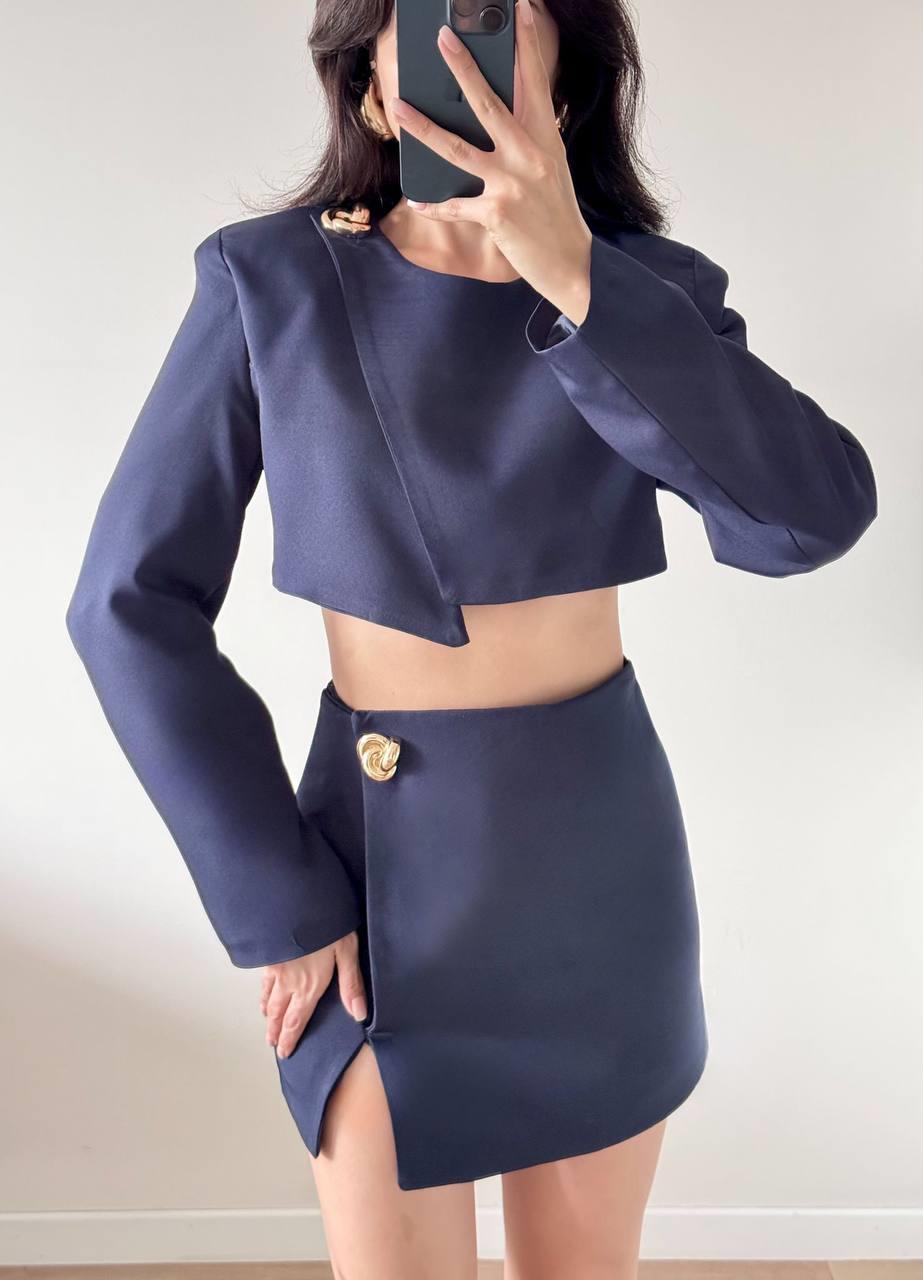 Altın Düğme Detaylı Kruvaze Ceket Etek Takım – Lacivert