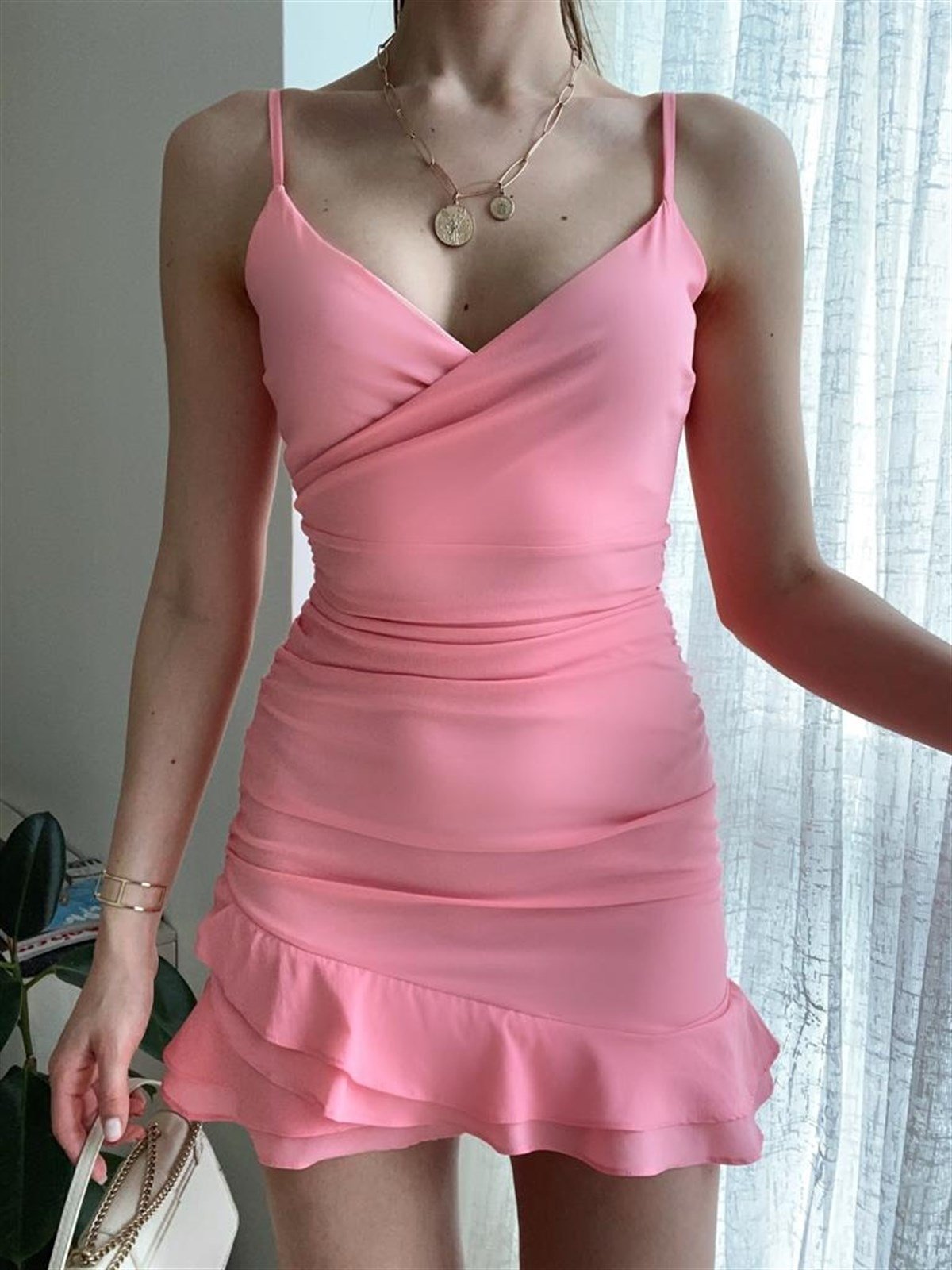 Askı Detay Eteği Fırfırlı Elbise - PEMBE