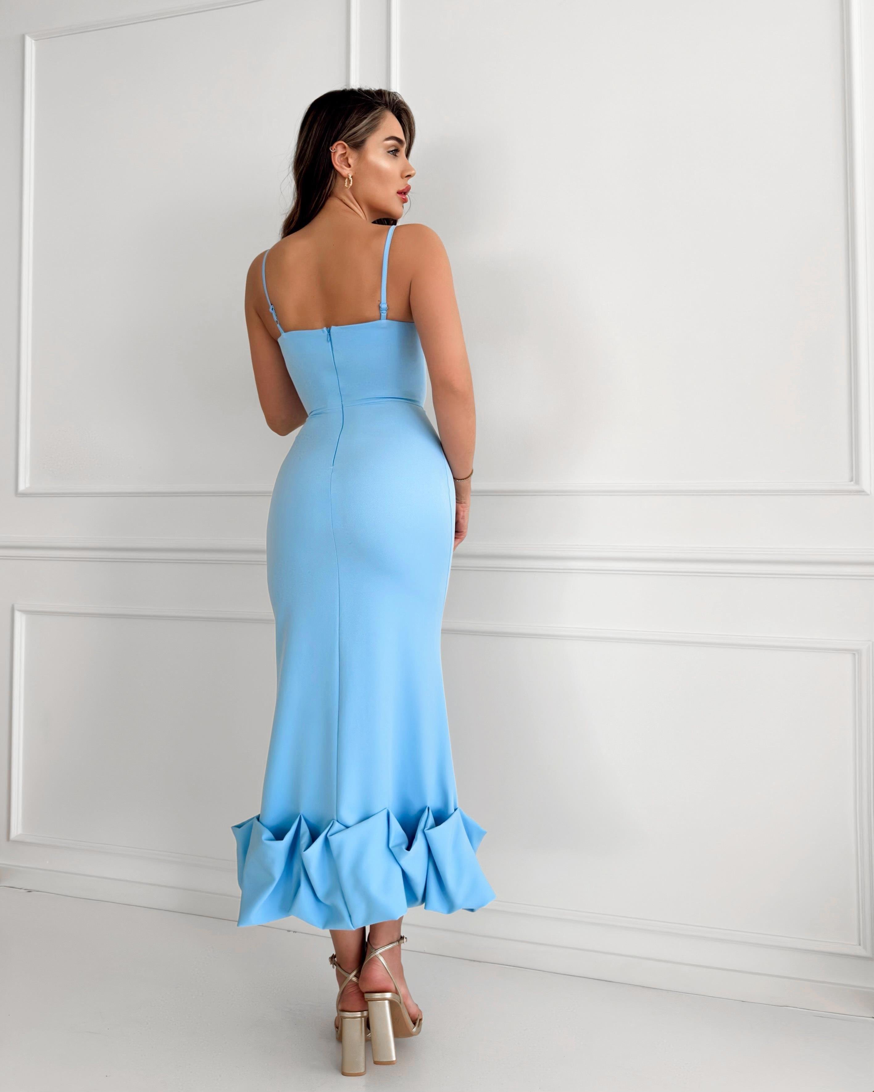 Askı Detay Etek Ucu Kıvrımlı Midiboy Kadın Elbise - BEBE MAVİ