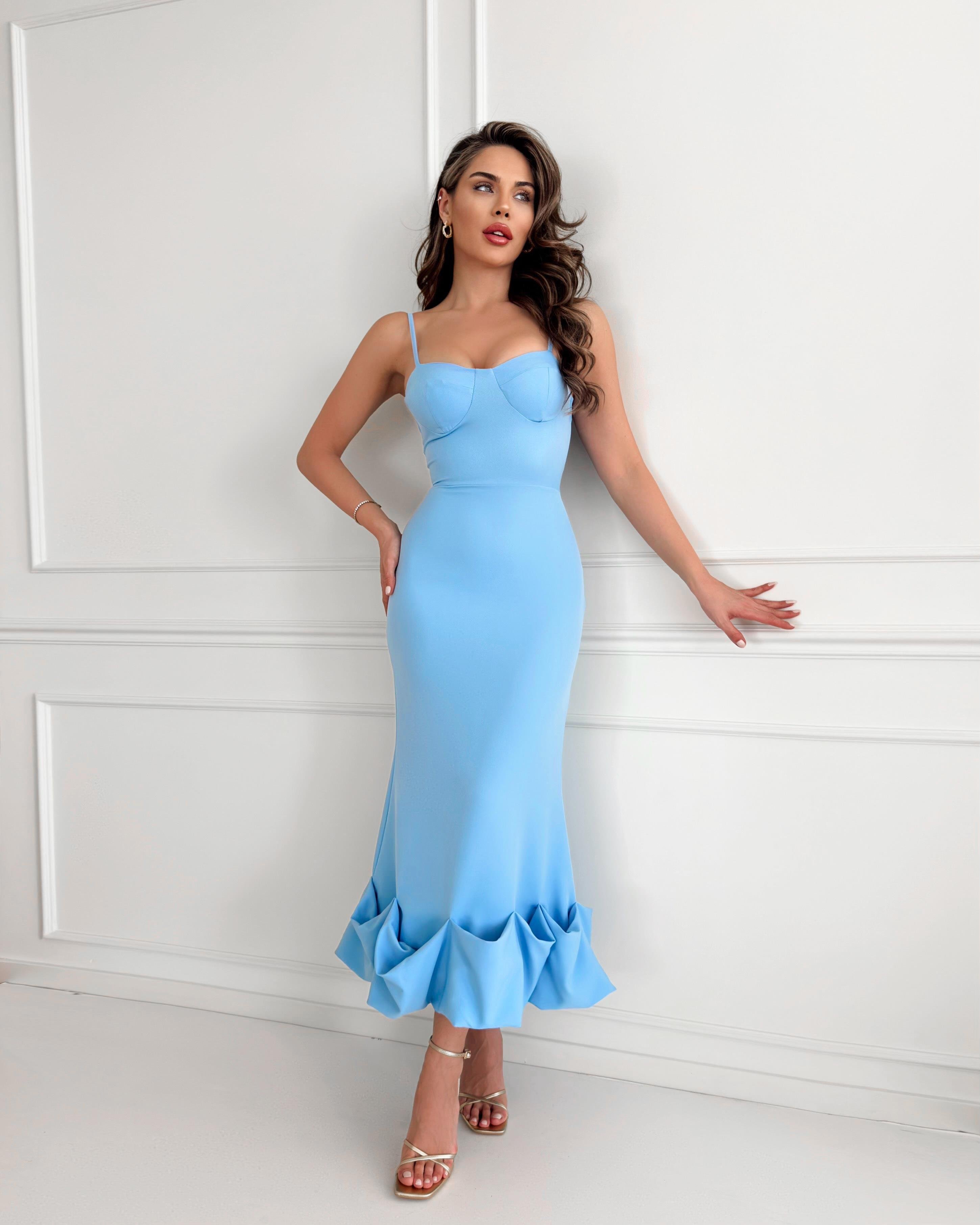 Askı Detay Etek Ucu Kıvrımlı Midiboy Kadın Elbise - BEBE MAVİ