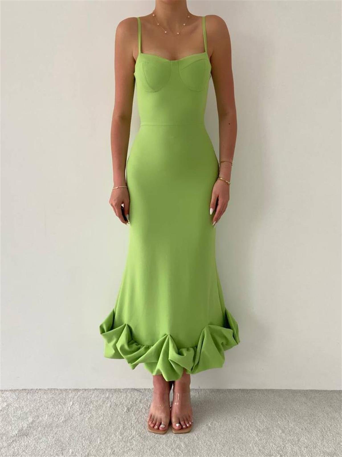 Askı Detay Etek Ucu Kıvrımlı Midiboy Kadın Elbise - FISTIK YEŞİLİ