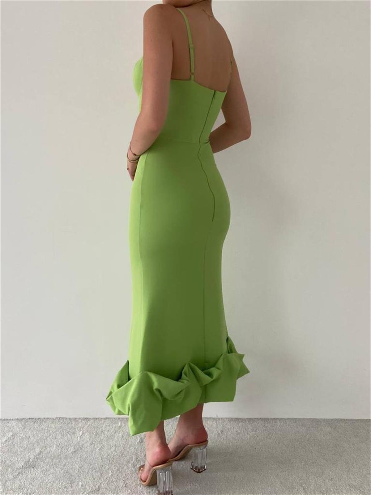 Askı Detay Etek Ucu Kıvrımlı Midiboy Kadın Elbise - FISTIK YEŞİLİ