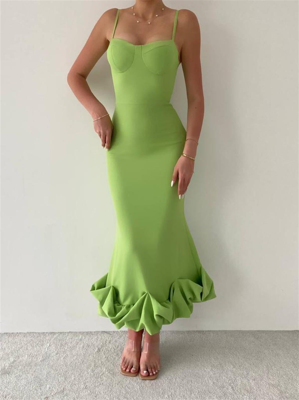 Askı Detay Etek Ucu Kıvrımlı Midiboy Kadın Elbise - FISTIK YEŞİLİ