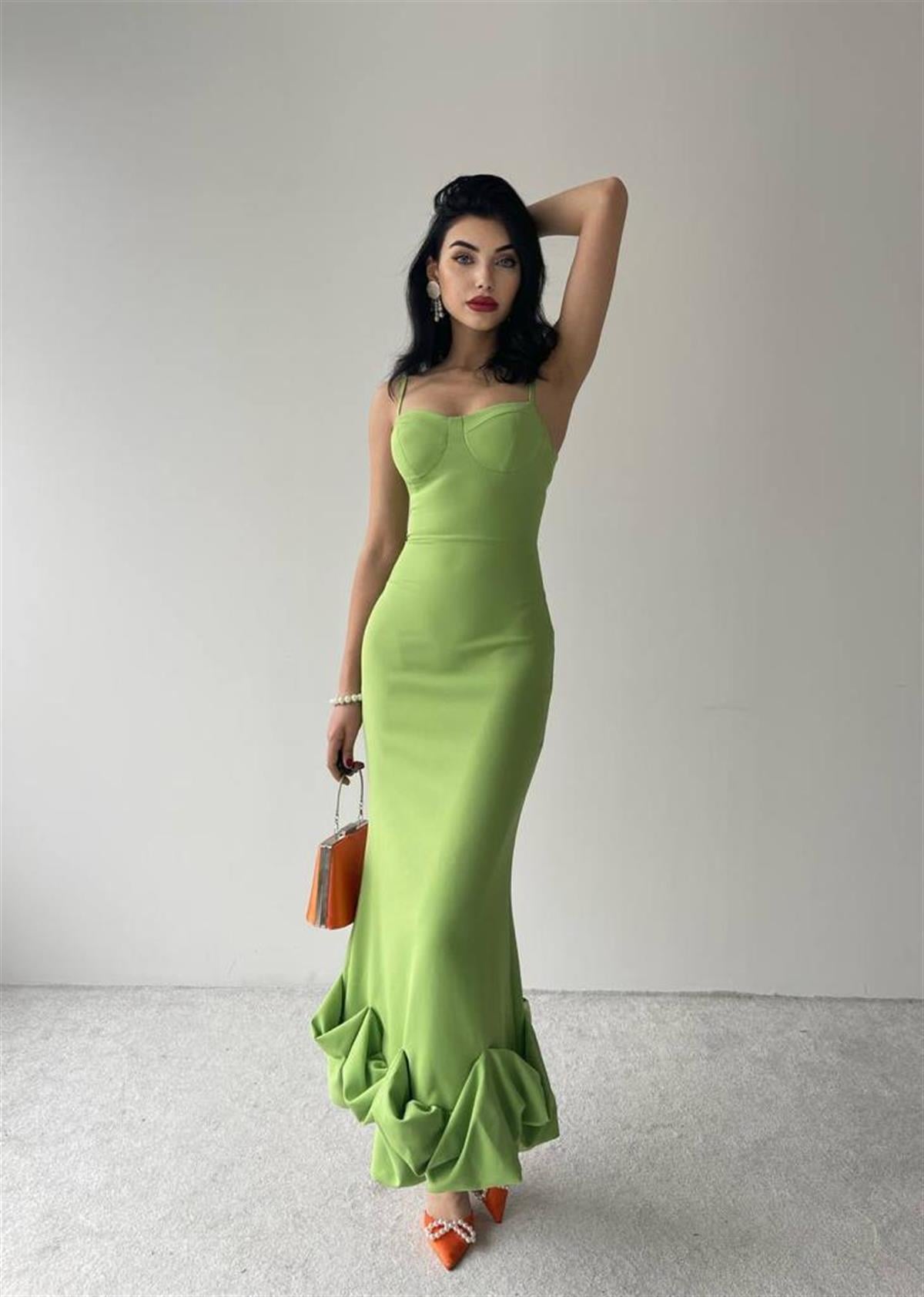 Askı Detay Etek Ucu Kıvrımlı Midiboy Kadın Elbise - FISTIK YEŞİLİ