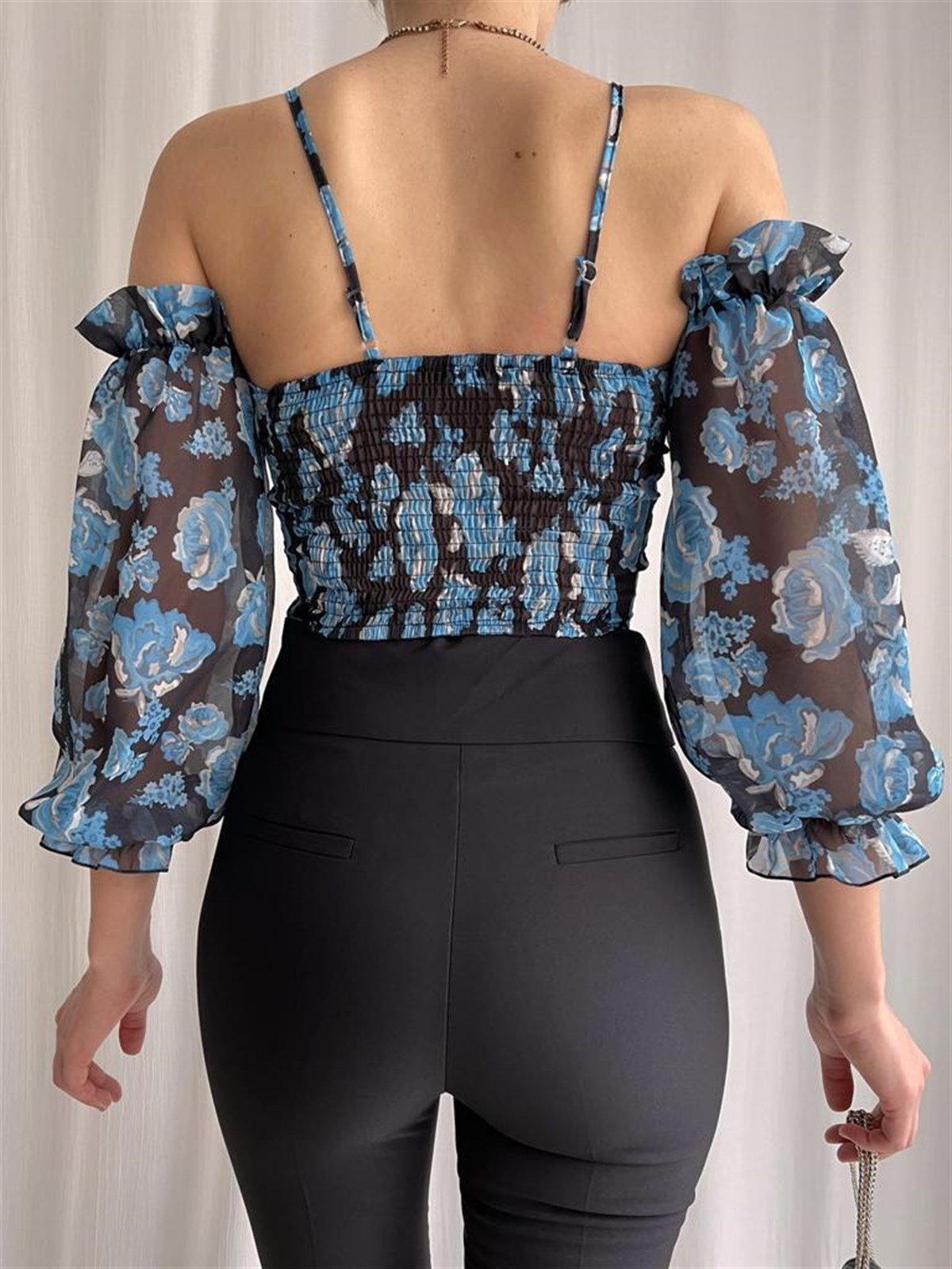 Askı Kol Detay Şifon Bluz - MAVİ