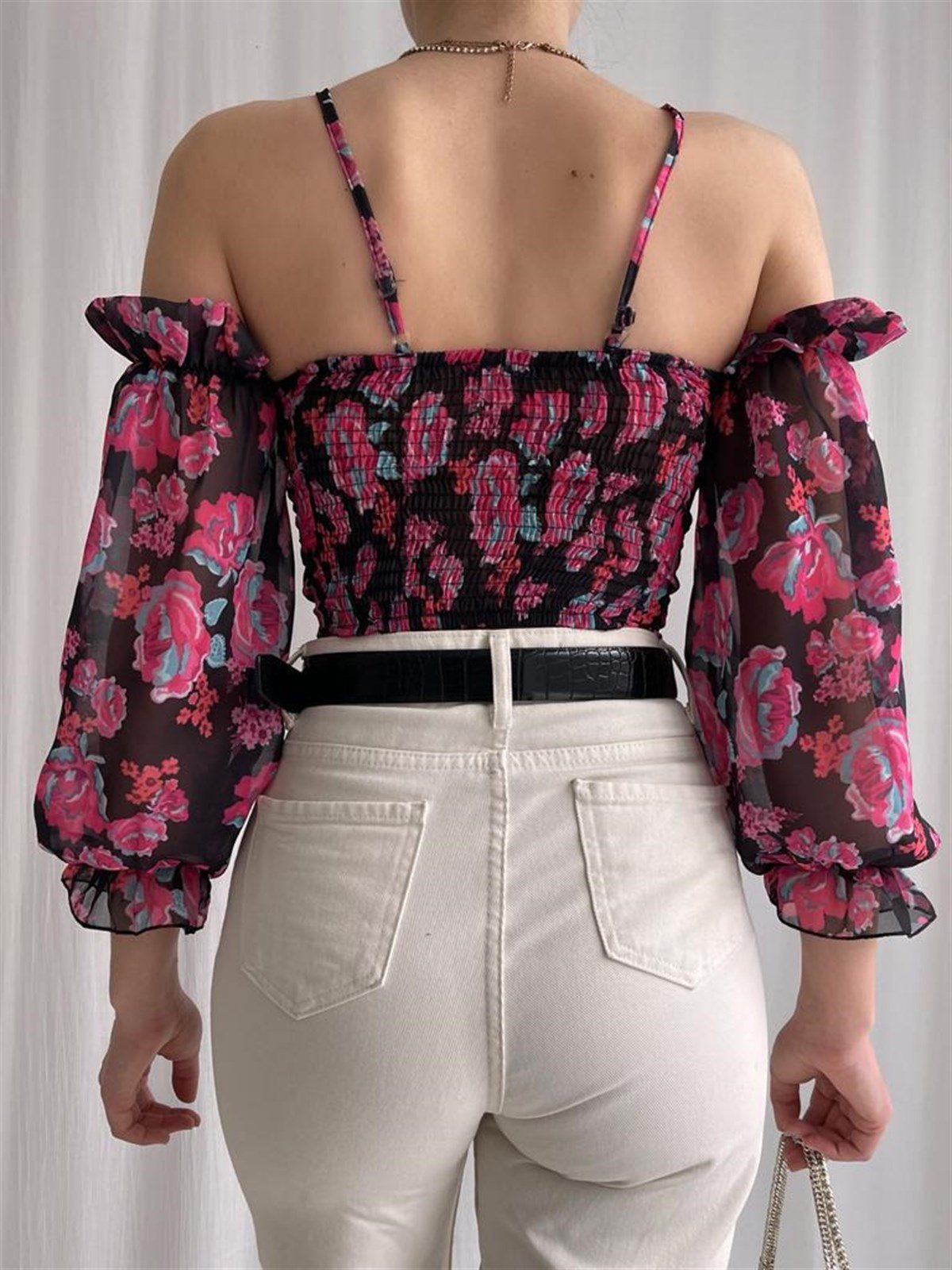 Askı Kol Detay Şifon Bluz - PEMBE