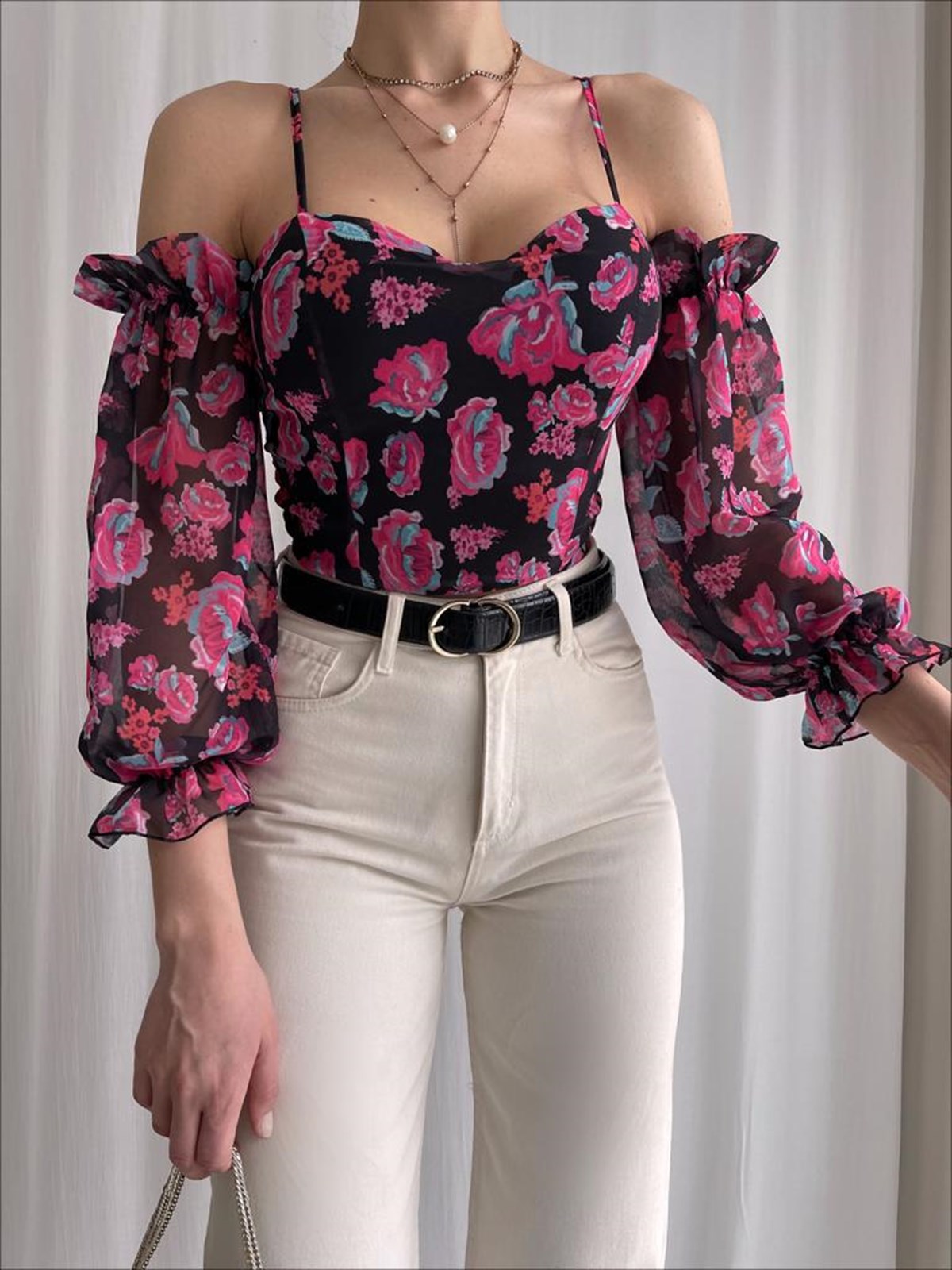 Askı Kol Detay Şifon Bluz - PEMBE