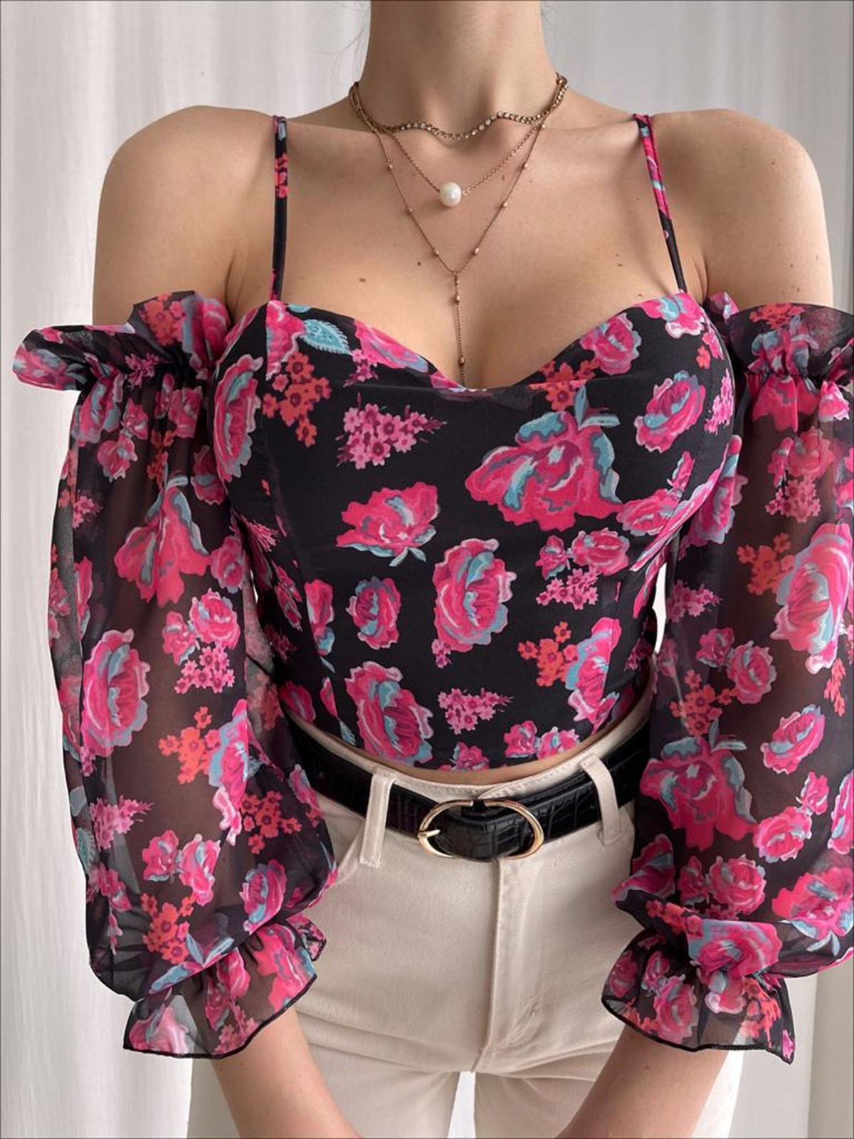 Askı Kol Detay Şifon Bluz - PEMBE