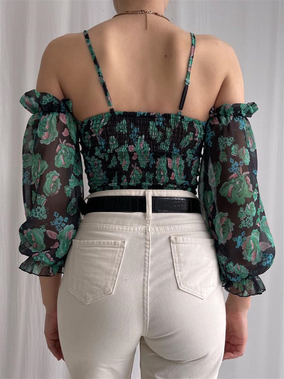 Askı Kol Detay Şifon Bluz - YEŞİL