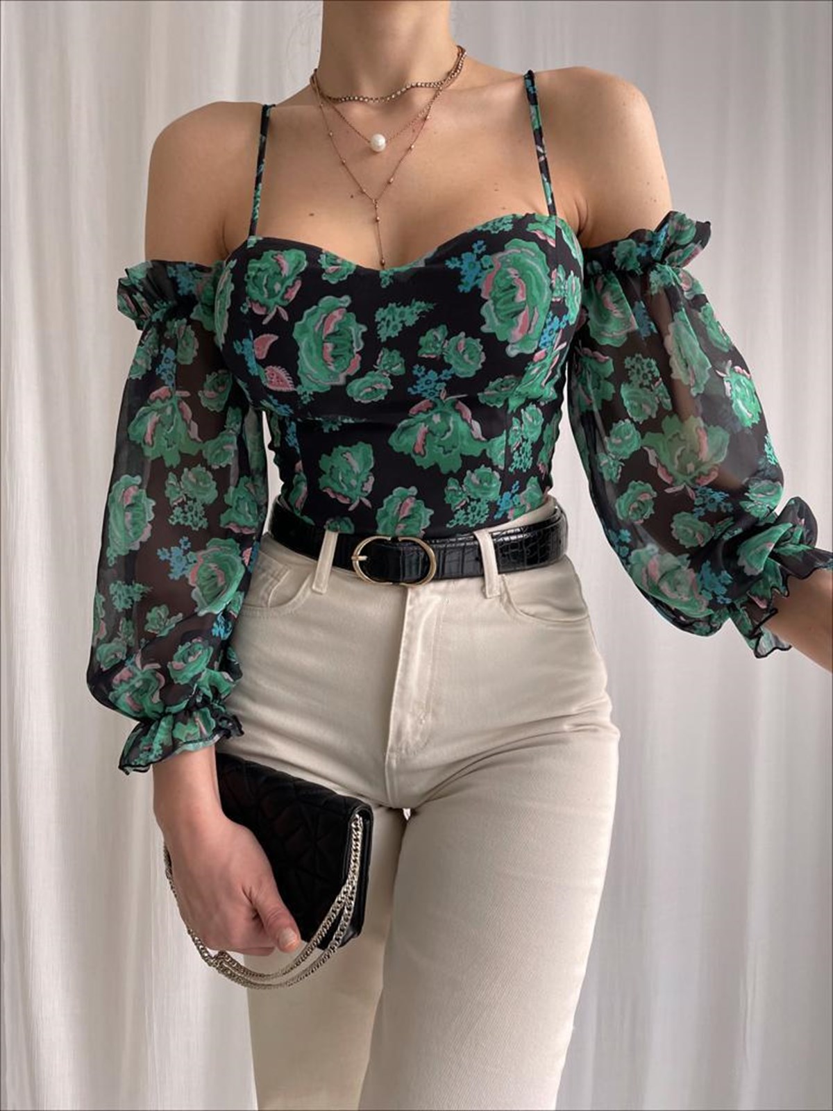 Askı Kol Detay Şifon Bluz - YEŞİL